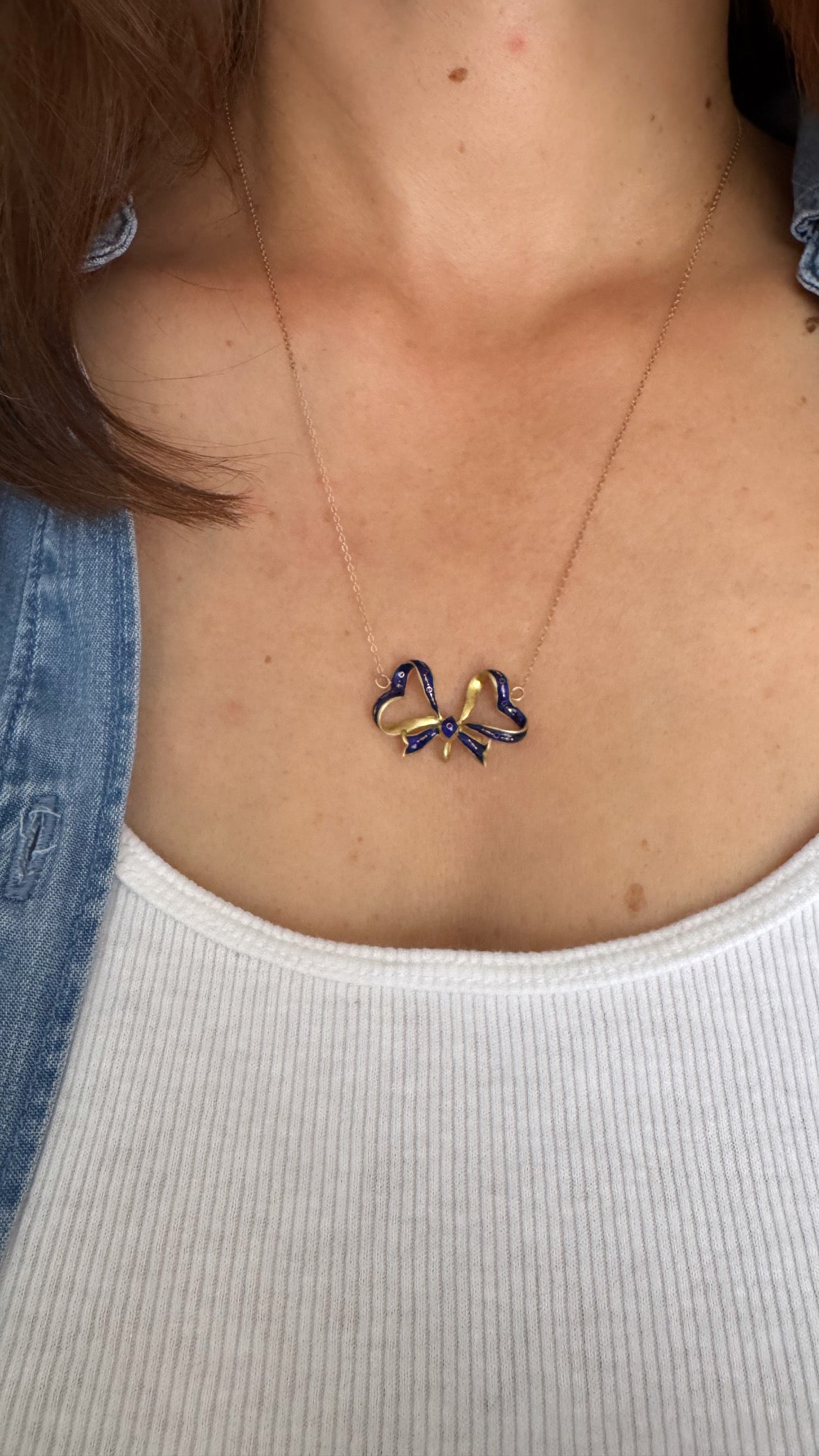 Blue Enamel Bow Necklace - Edwardian Era c1900's