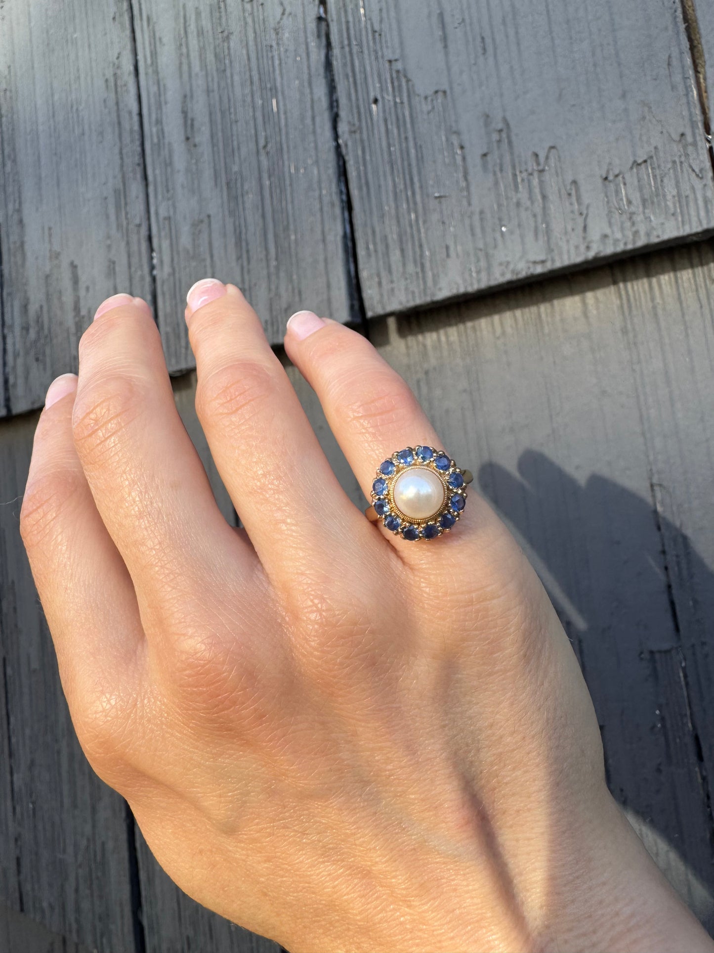 c.1940's Victorian Revival Cultured Pearl and Sapphire Ring