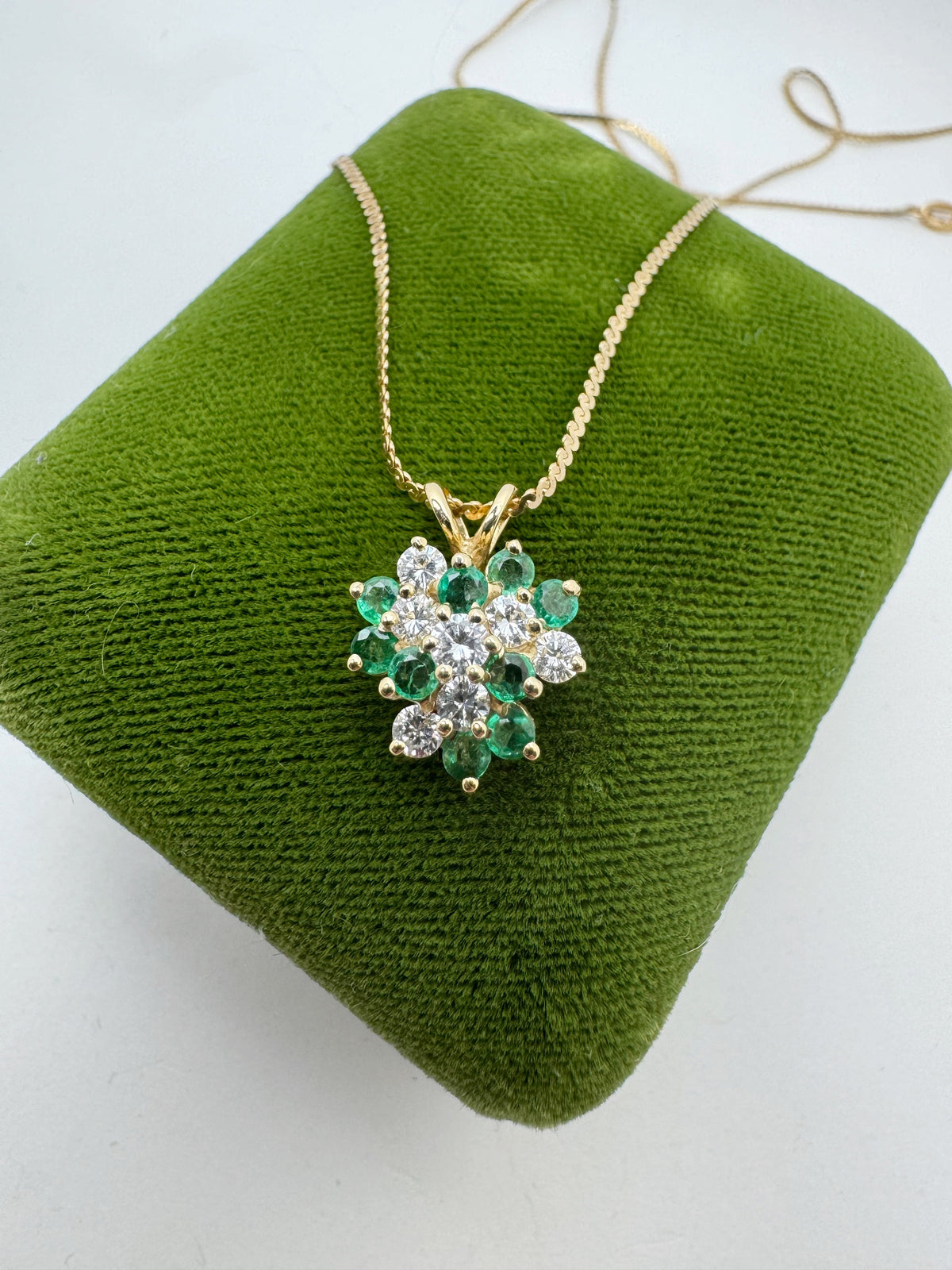 Diamond and Emerald Cluster Necklace - 14k Gold