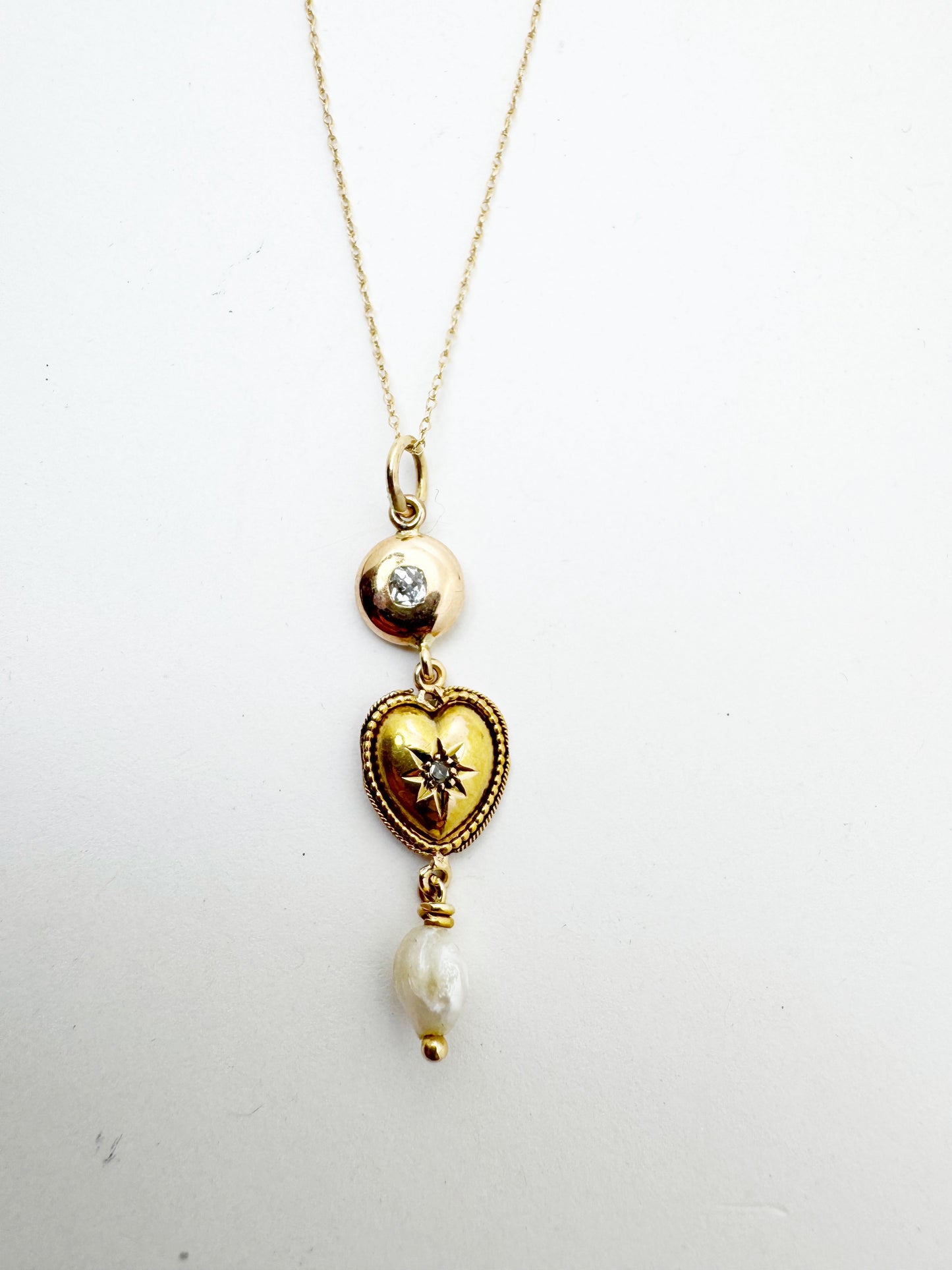 Gold, Diamond and Pearl Heart Drop Necklace - Made from 14k Gold Antique Components