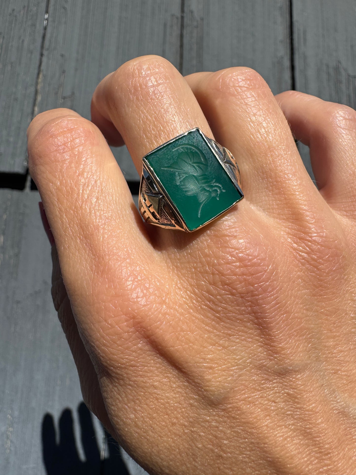 Mid-Century Greco-Roman Soldier Chrysoprase Intaglio Ring - Vintage - c.1940’s-1950’s