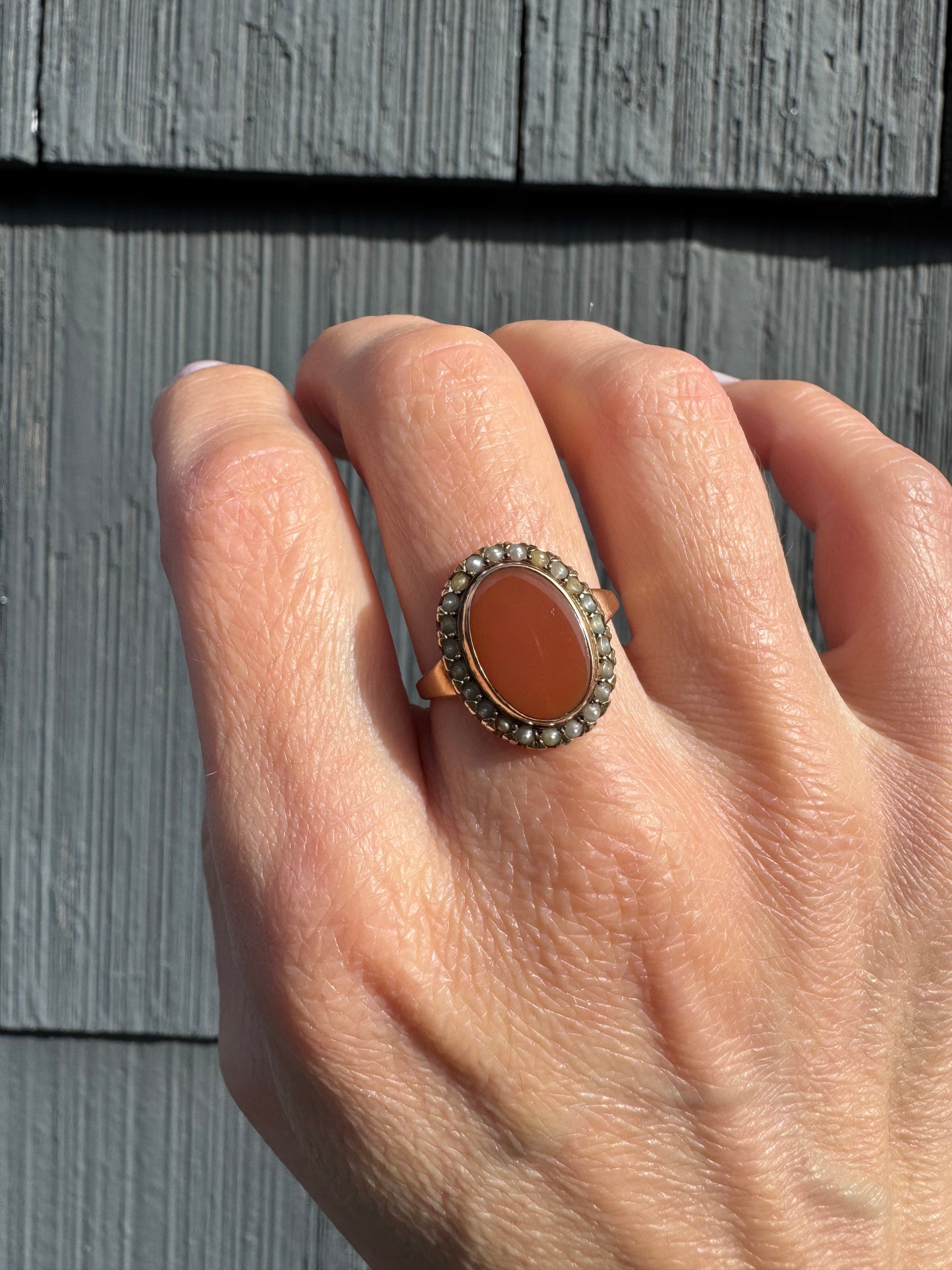Antique Carnelian Ring with Seed Pearls