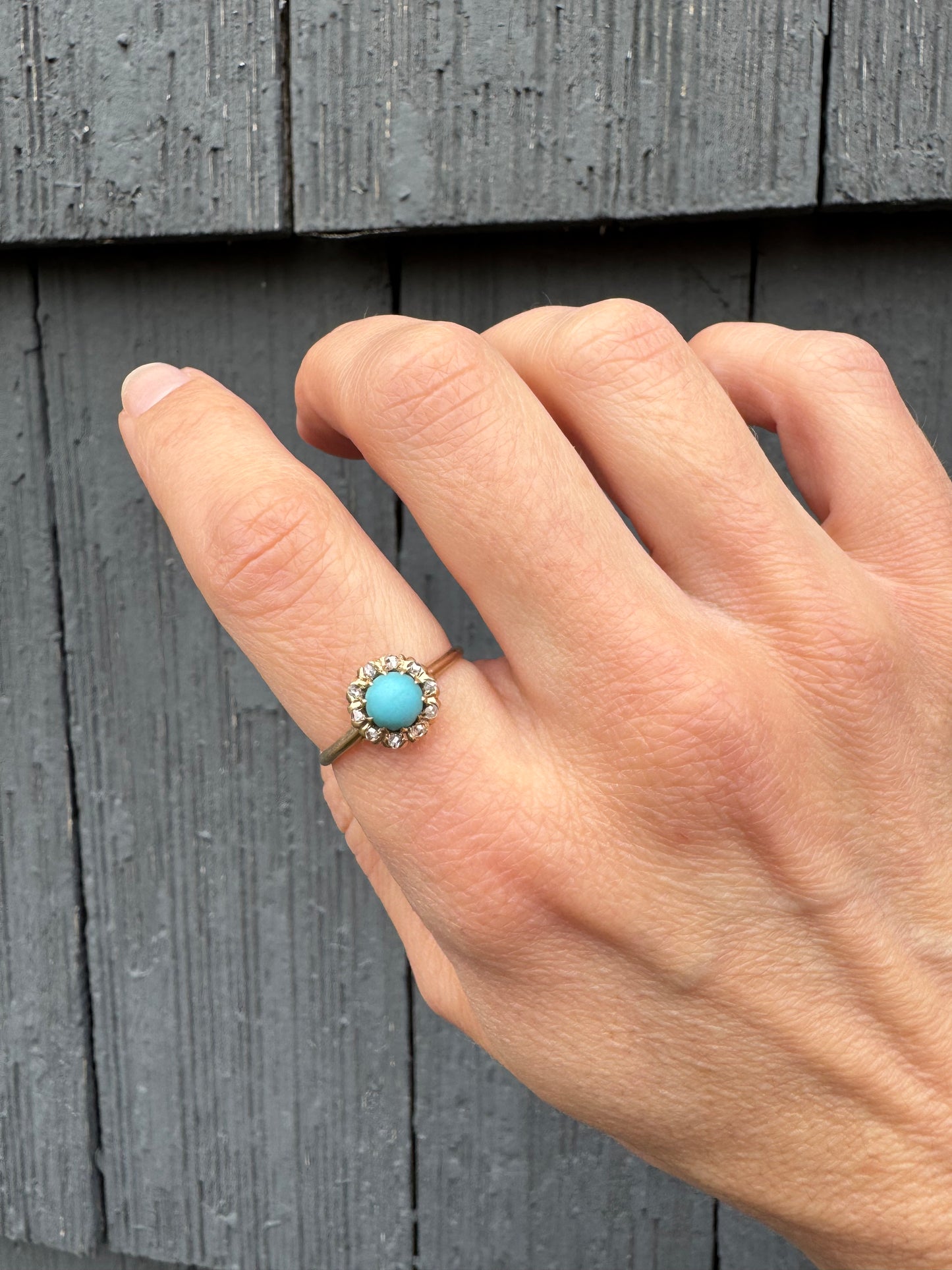 Charming Turquoise Glass with Rose Cut Diamond Halo Ring - Victorian era