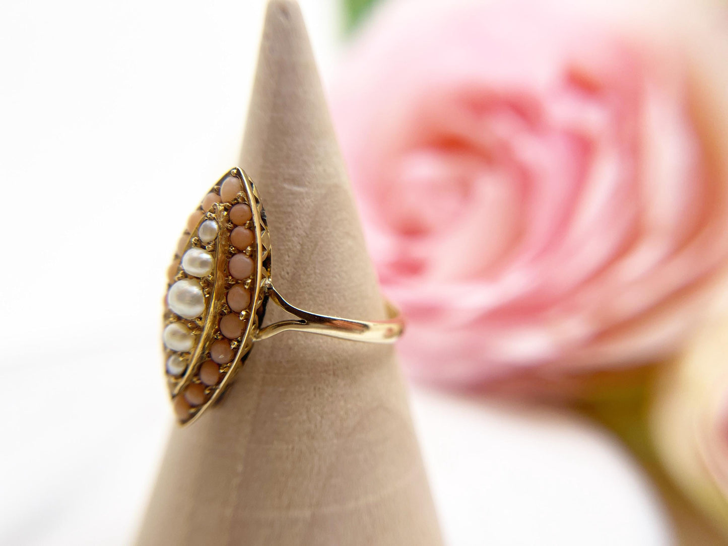 Victorian Coral and Seed Pearl Navette Ring