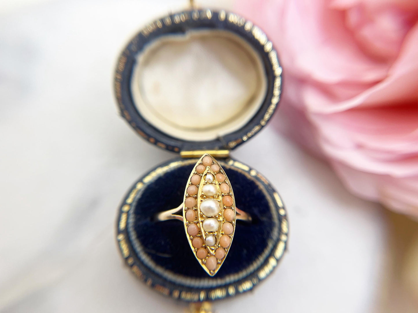 Victorian Coral and Seed Pearl Navette Ring