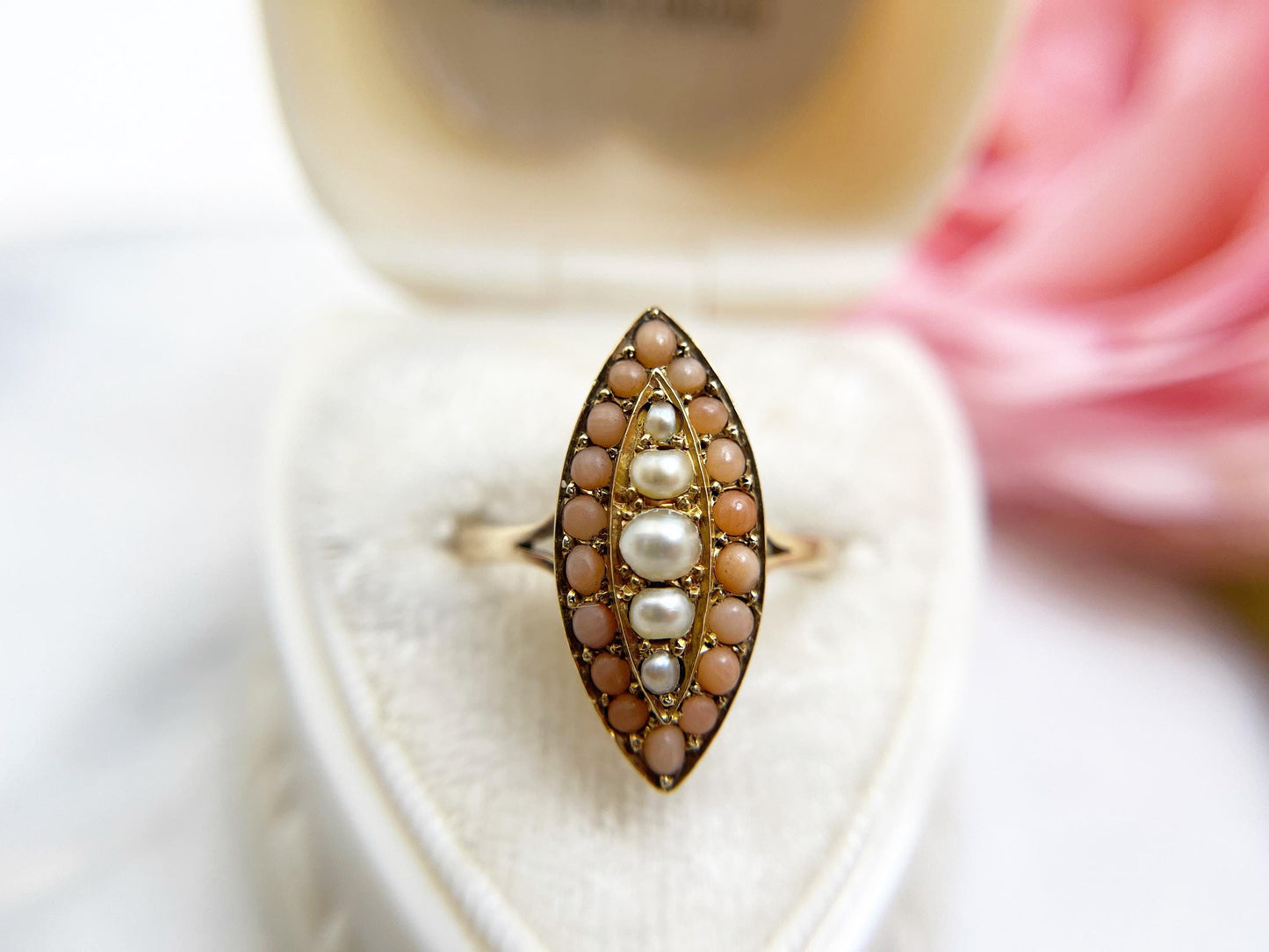 Victorian Coral and Seed Pearl Navette Ring