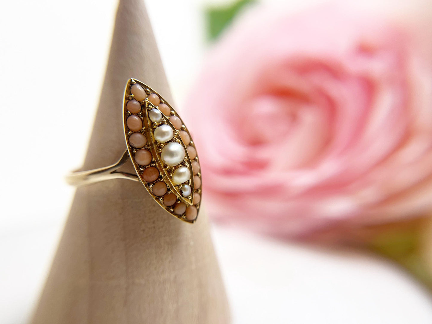 Victorian Coral and Seed Pearl Navette Ring