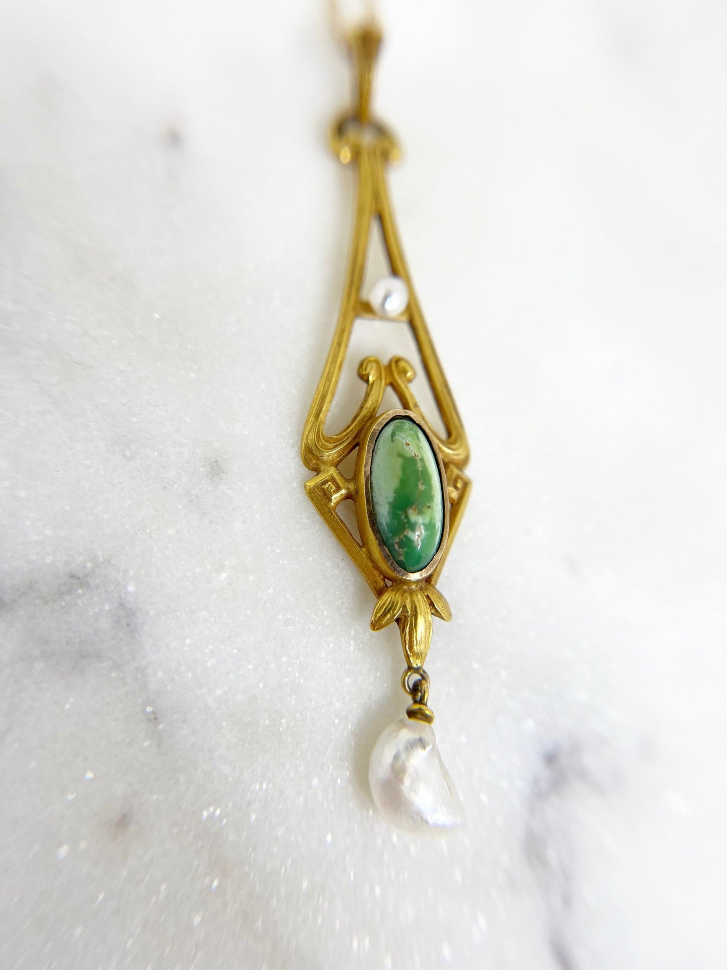 Gorgeous Art Nouveau Turquoise and Pearl Lavalier Necklace