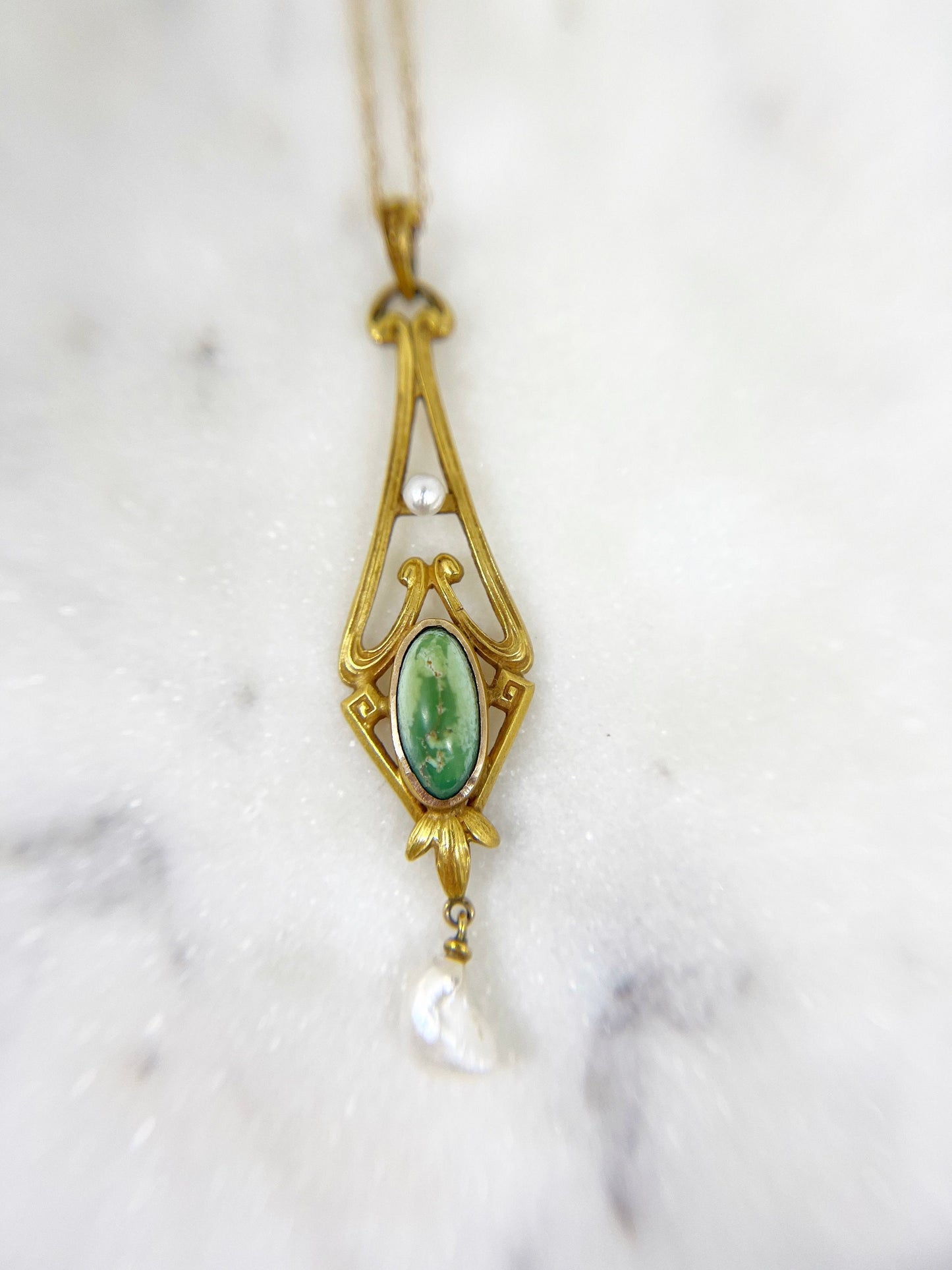 Gorgeous Art Nouveau Turquoise and Pearl Lavalier Necklace