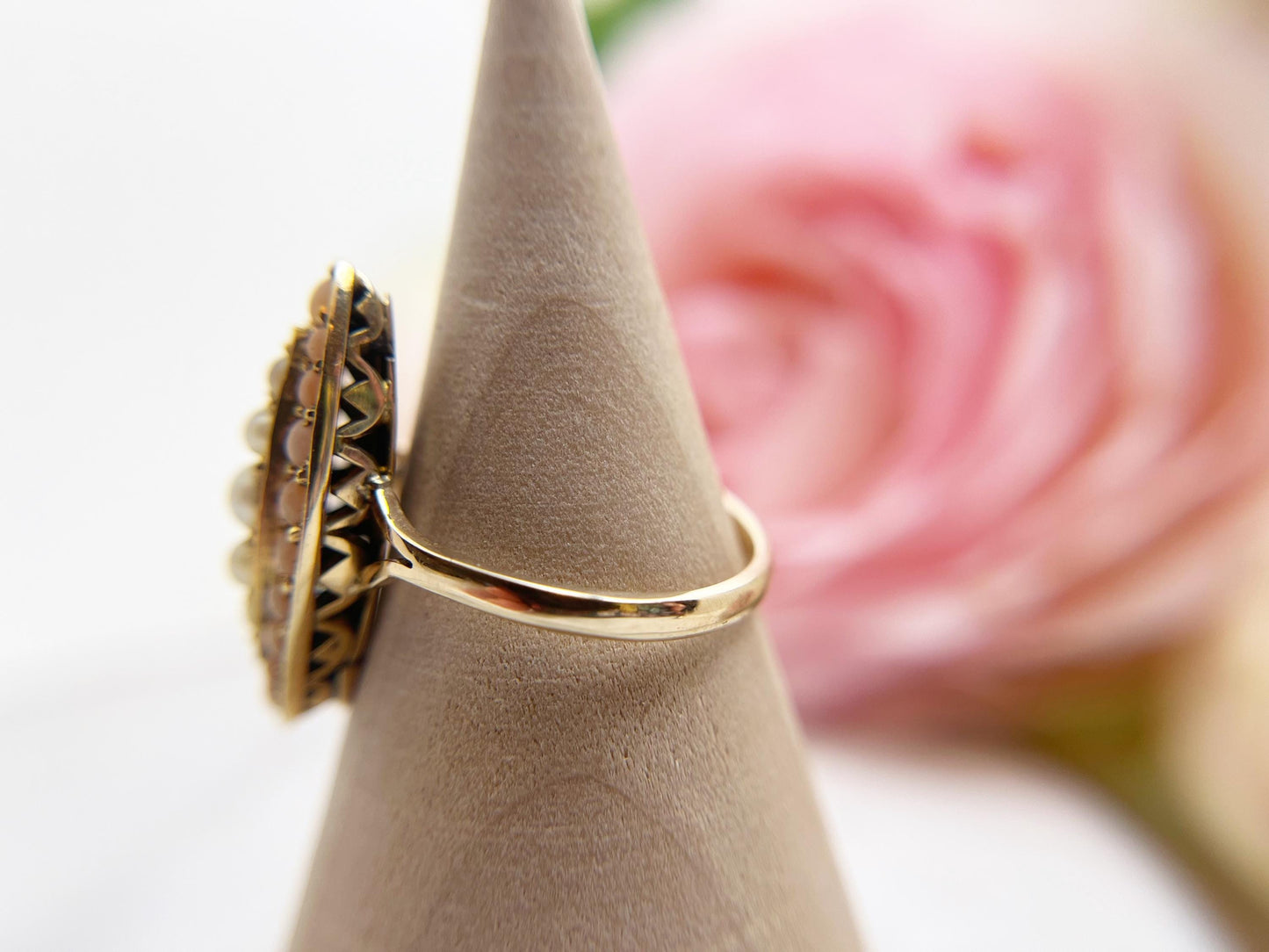 Victorian Coral and Seed Pearl Navette Ring