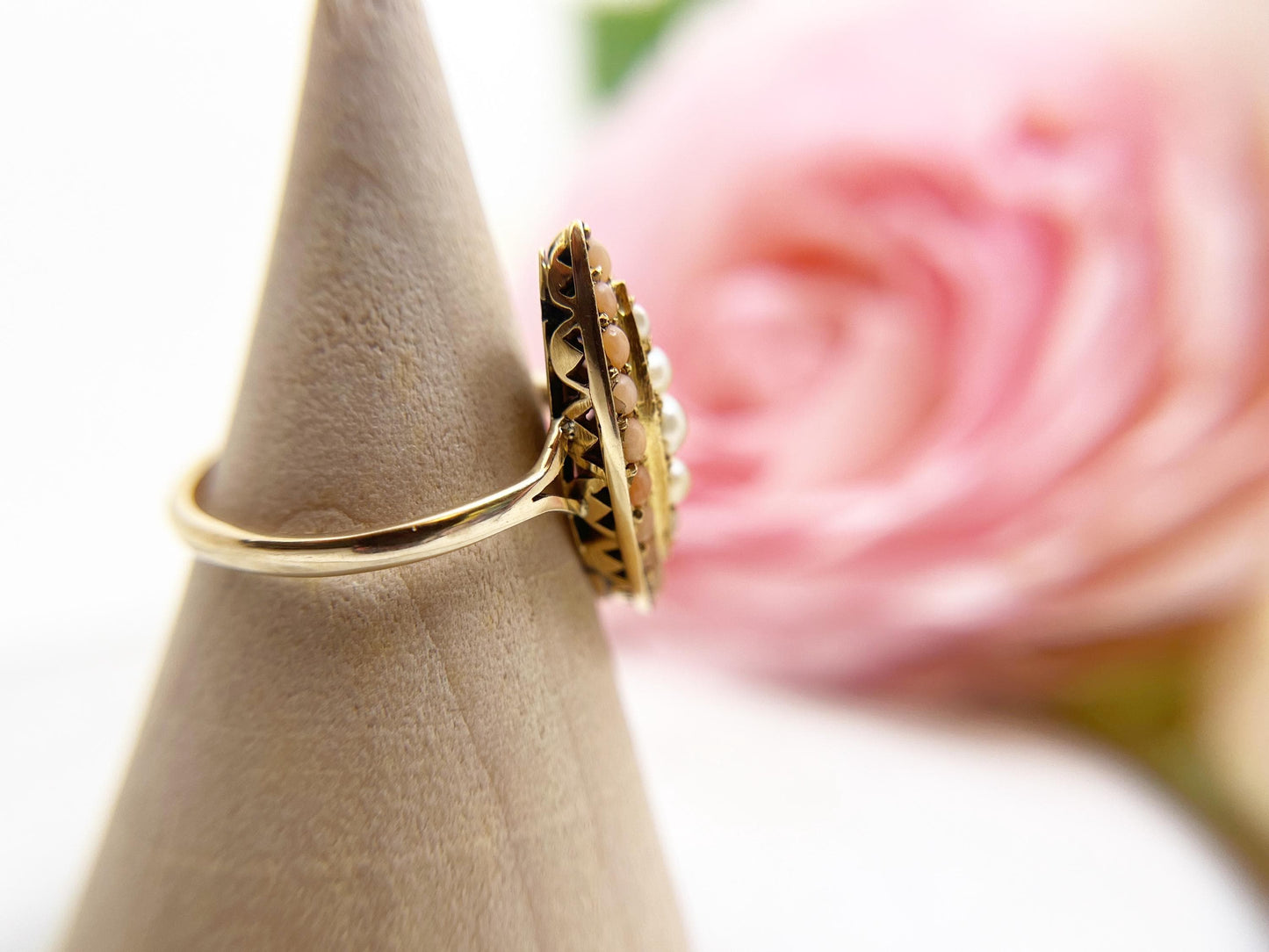 Victorian Coral and Seed Pearl Navette Ring