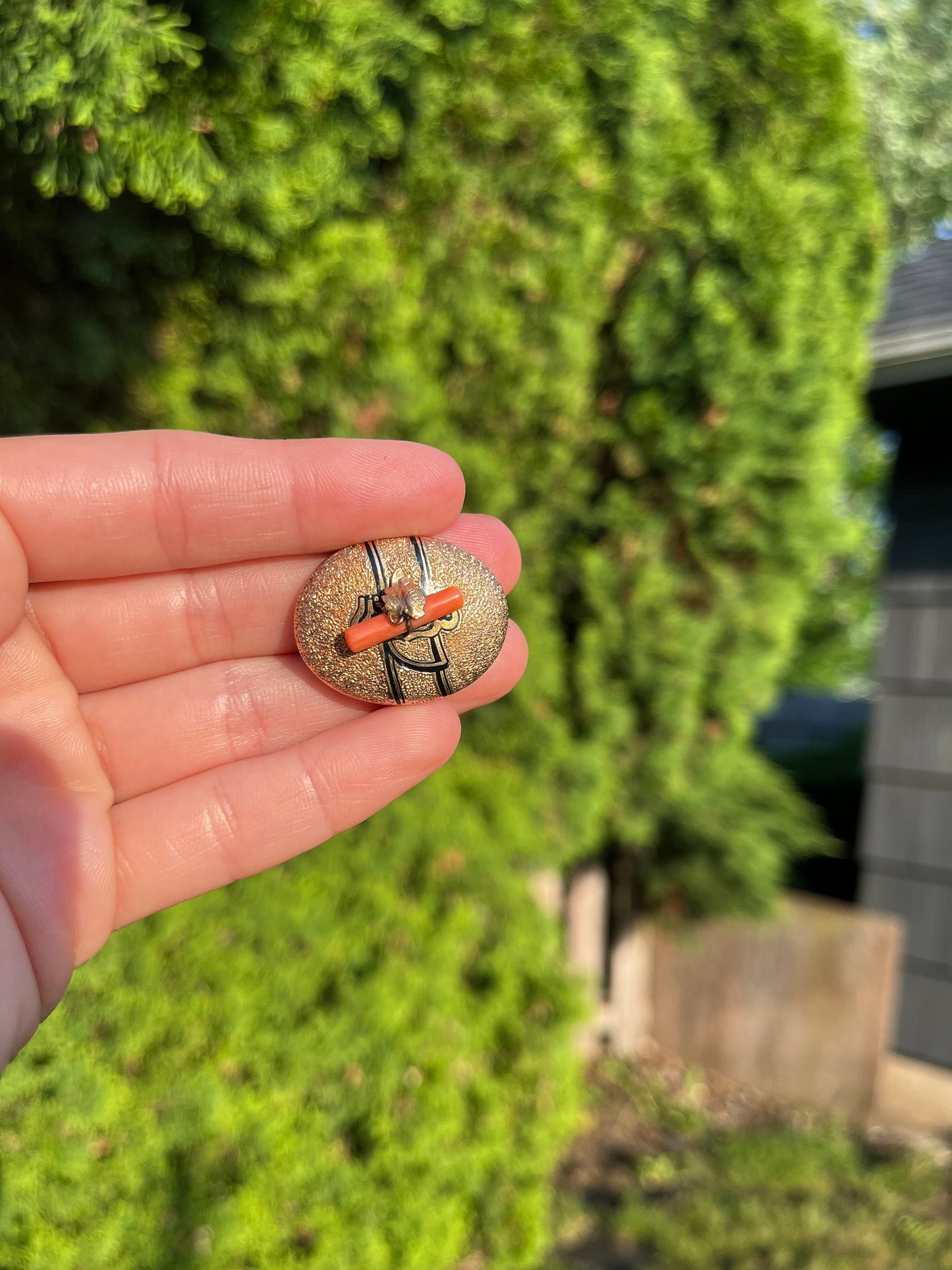 Victorian Taille d'Epargne Gold Fill and Black Enamel Buckle Brooch with Coral