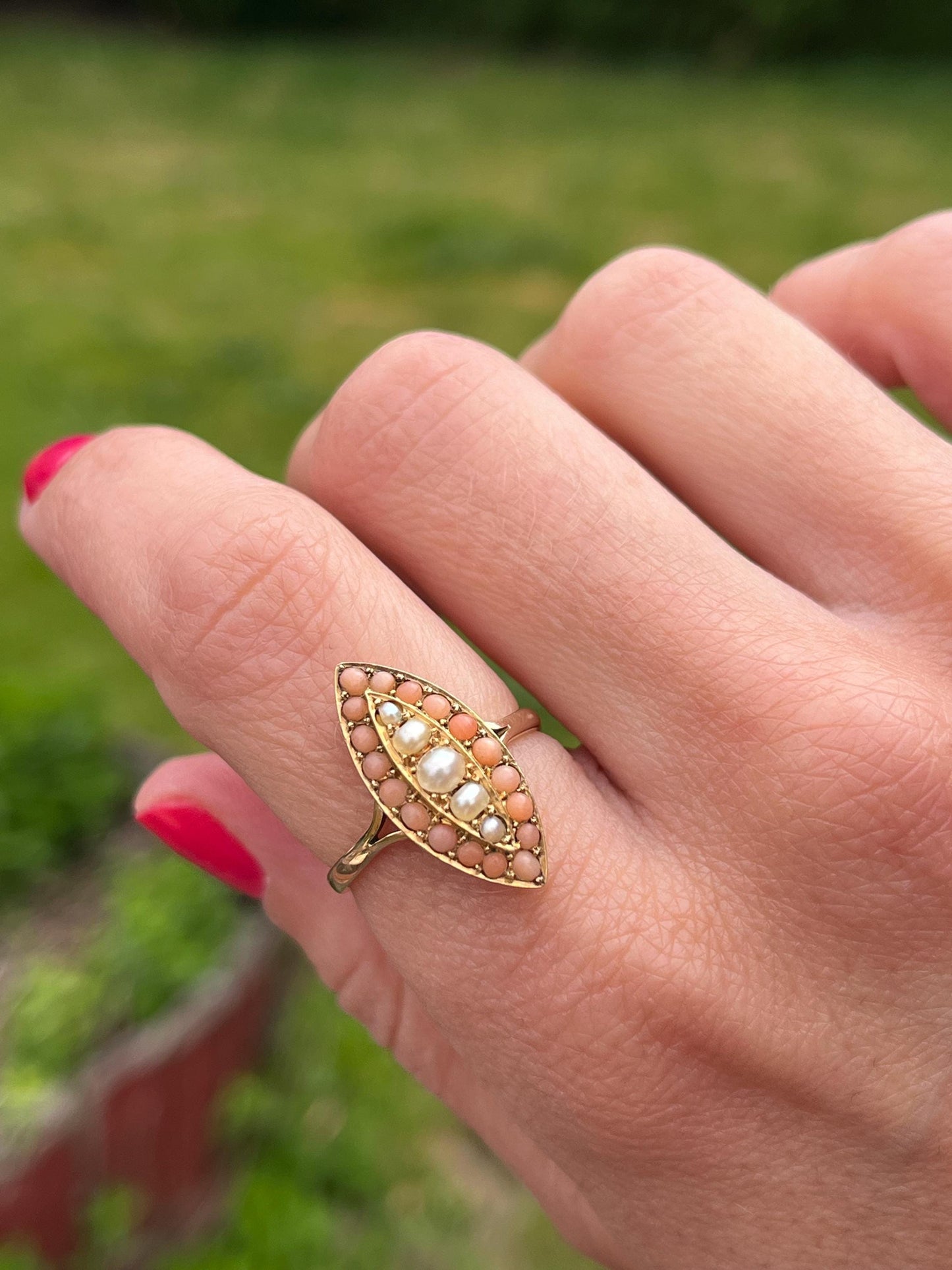 Victorian Coral and Seed Pearl Navette Ring