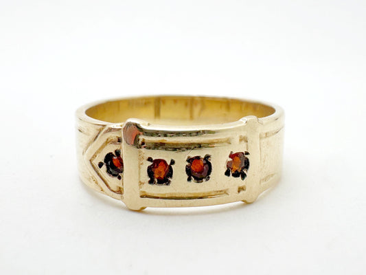 Garnet Buckle Ring - 9k gold - 1970's British Hallmarks