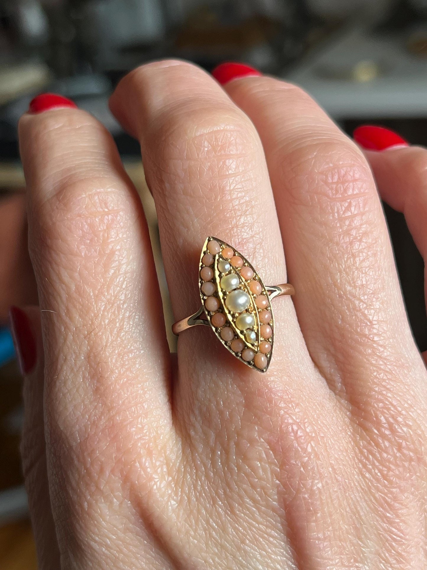 Victorian Coral and Seed Pearl Navette Ring