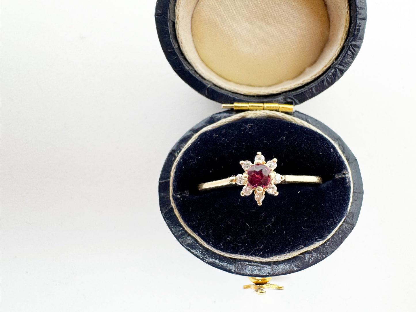 Dainty Ruby and Diamond Halo Flower Ring