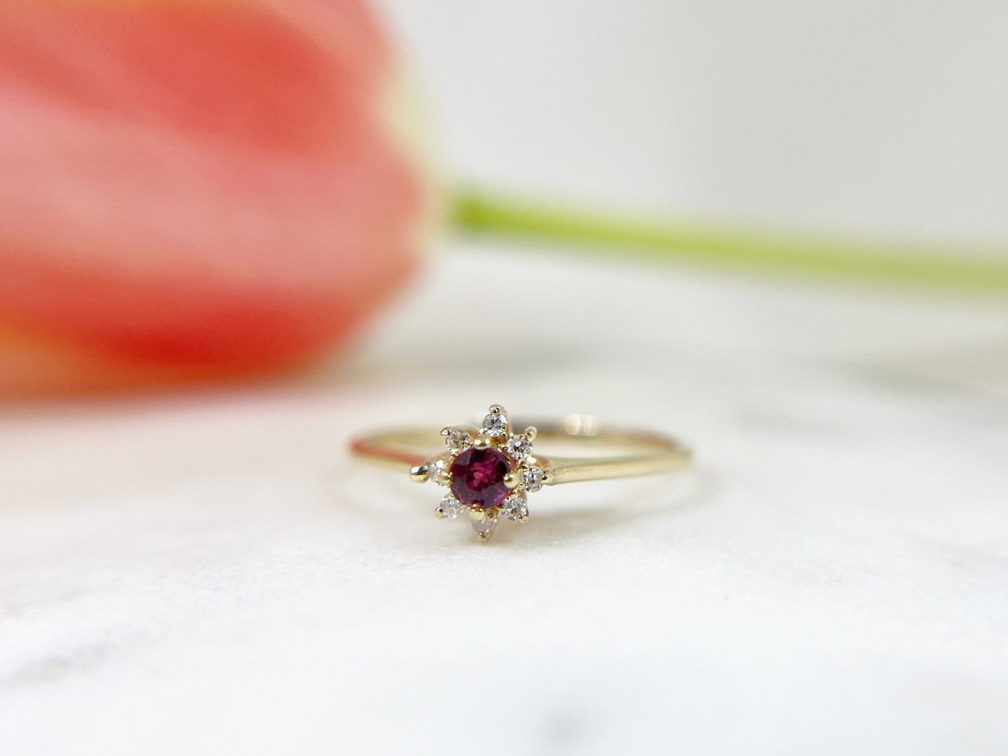 Dainty Ruby and Diamond Halo Flower Ring