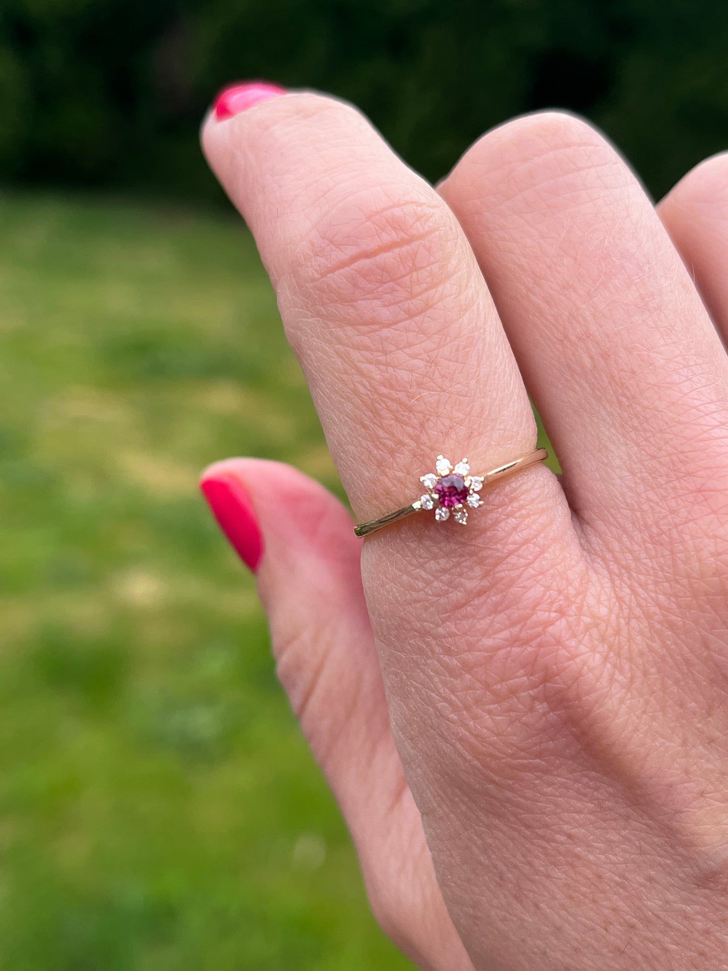 Dainty Ruby and Diamond Halo Flower Ring