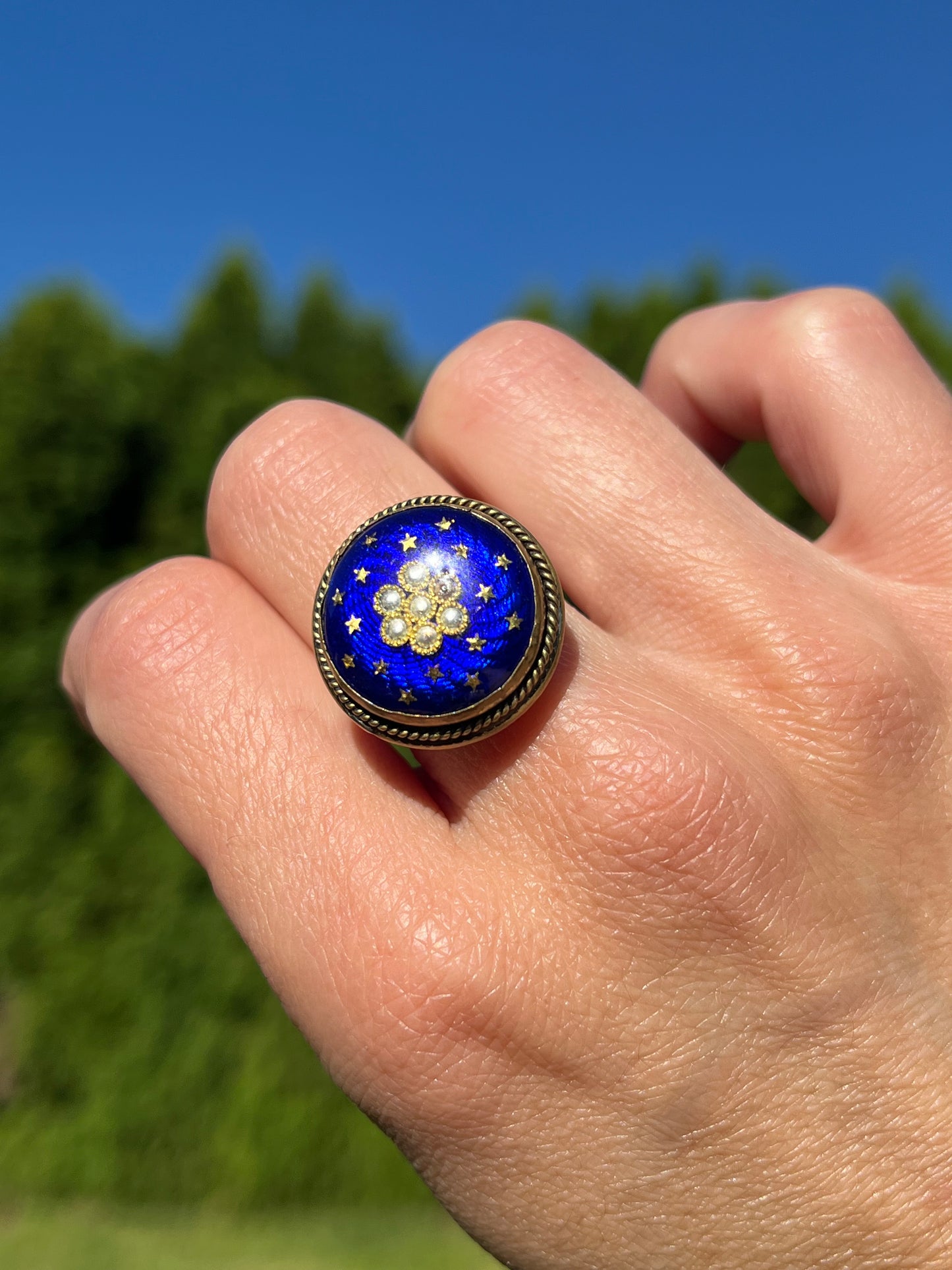 Blue Enamel Ring with Gold Stars