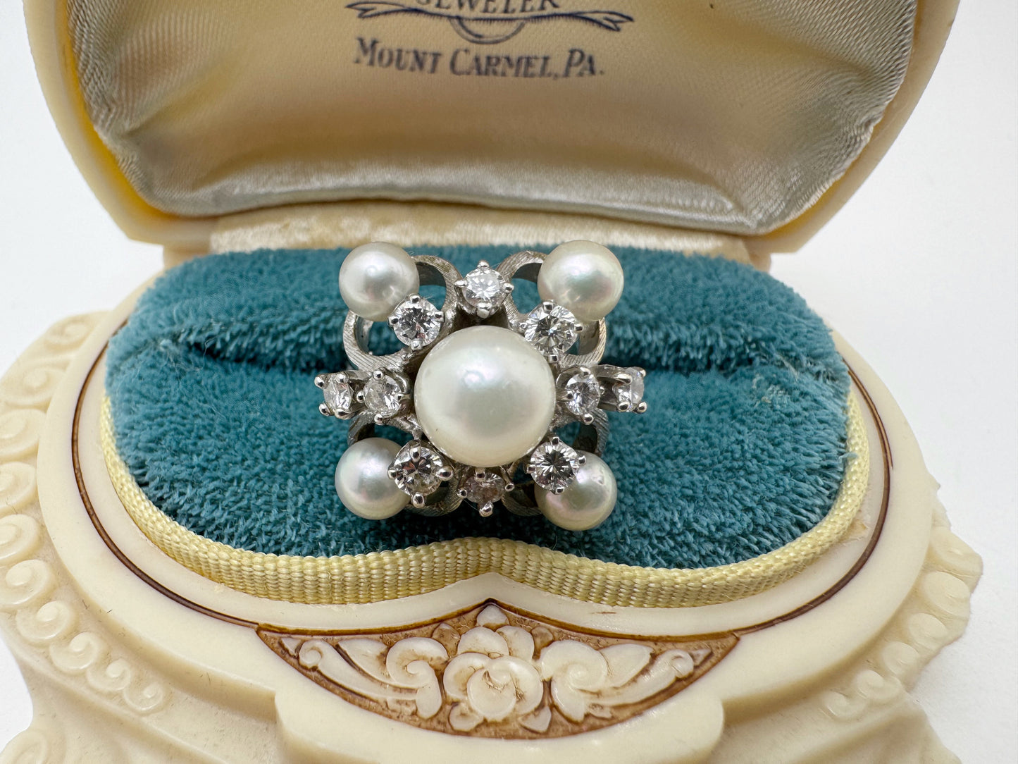 Fabulous Mid-Century Pearl and Diamond Cocktail Ring
