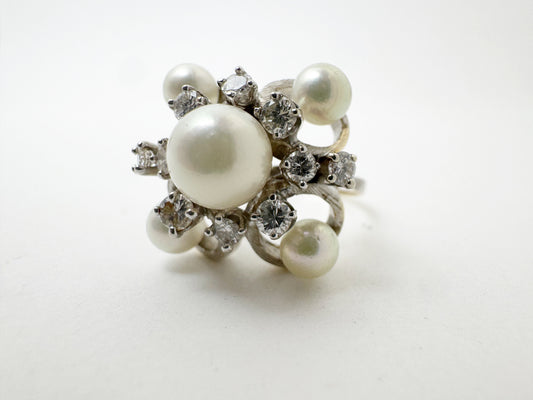 Fabulous Mid-Century Pearl and Diamond Cocktail Ring