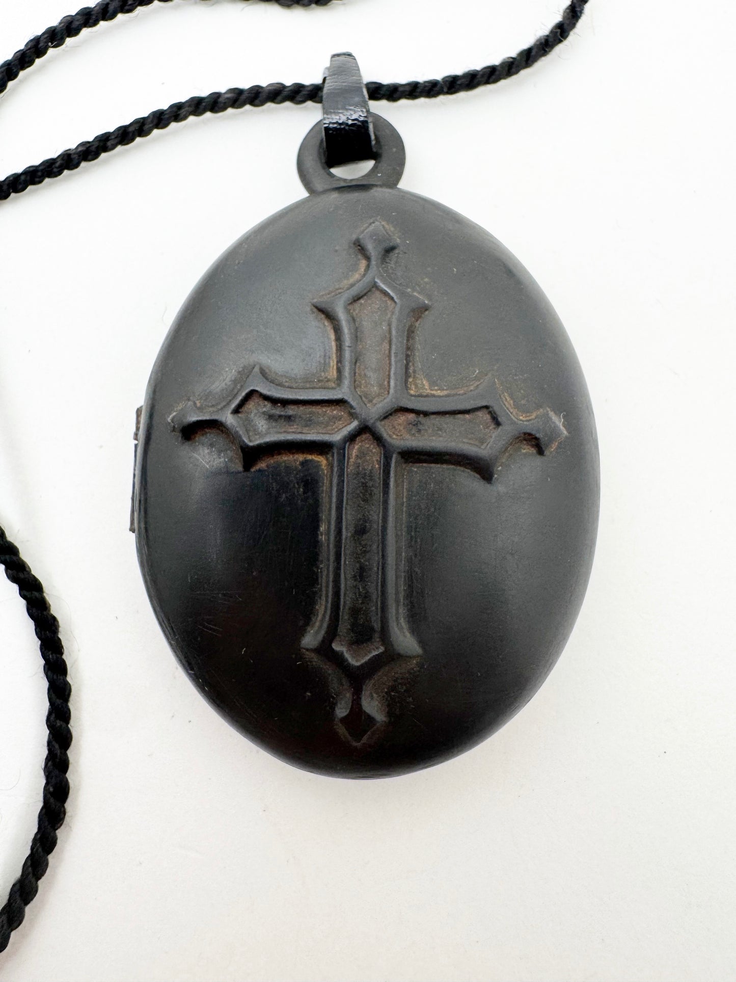 Victorian Mourning Locket - Vulcanite - with Crucifix
