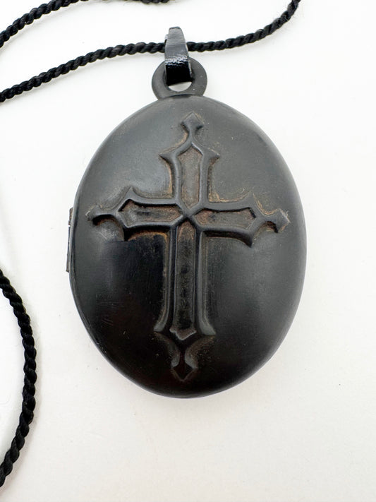 Victorian Mourning Locket - Vulcanite - with Crucifix