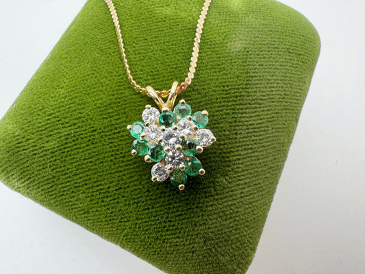 Diamond and Emerald Cluster Necklace - 14k Gold