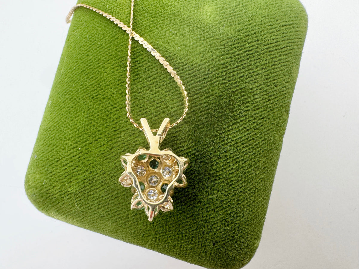 Diamond and Emerald Cluster Necklace - 14k Gold