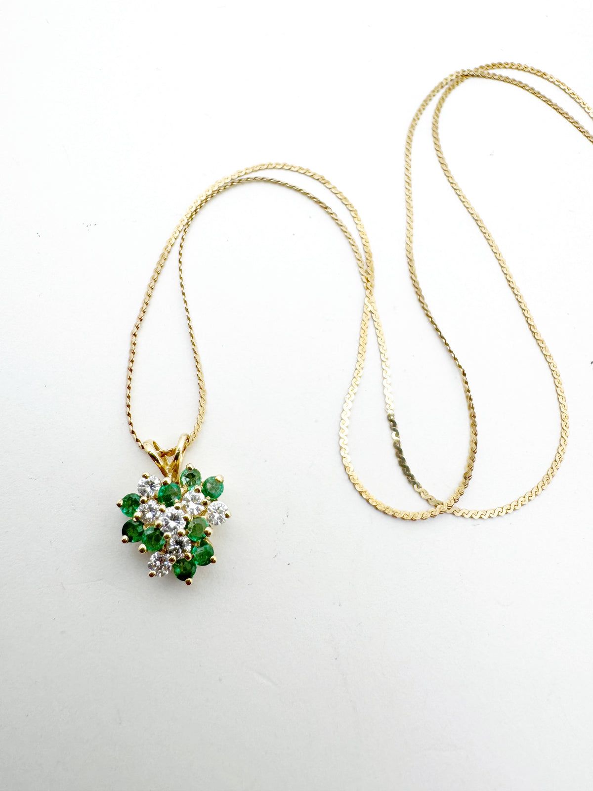 Diamond and Emerald Cluster Necklace - 14k Gold