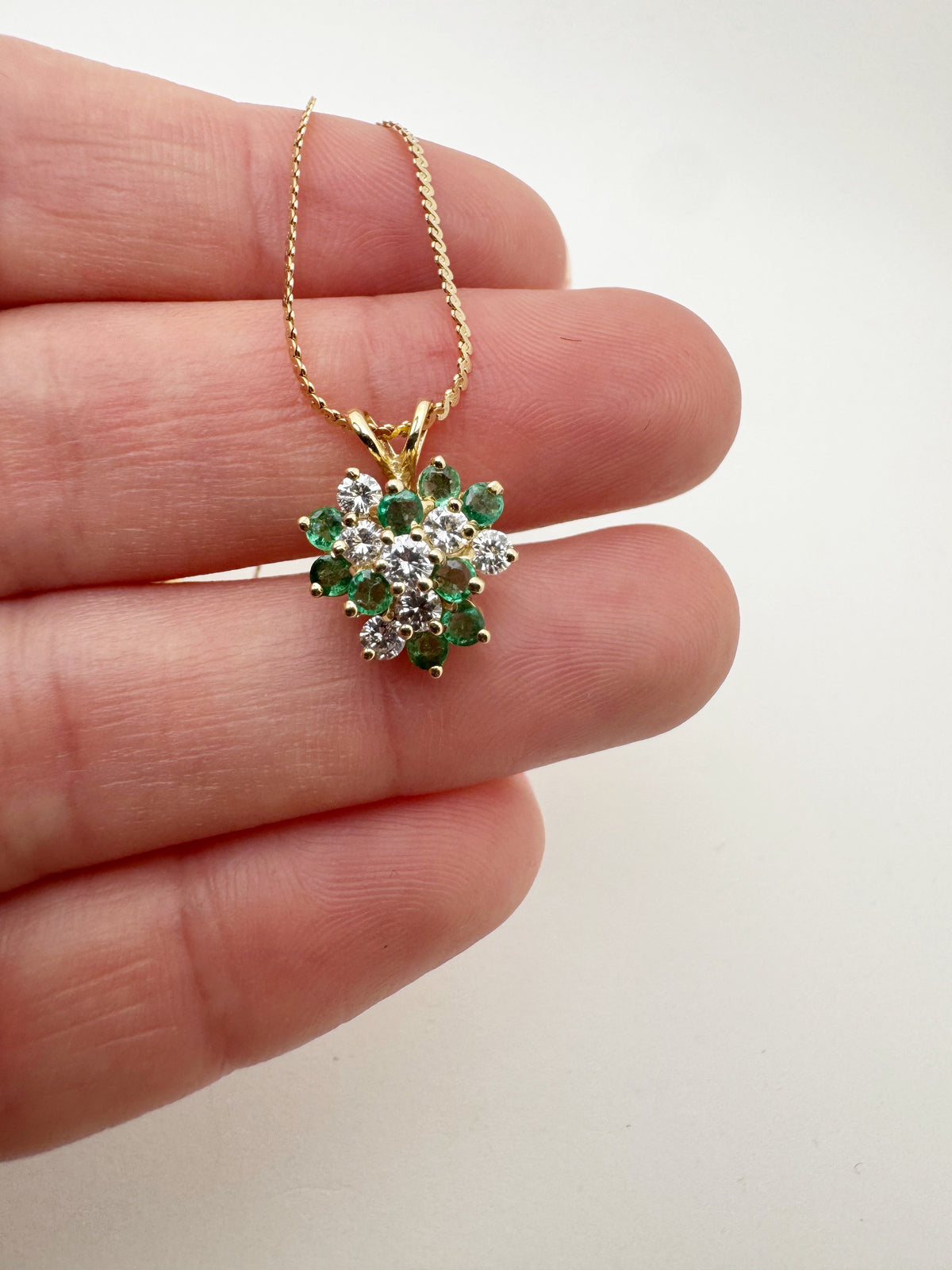 Diamond and Emerald Cluster Necklace - 14k Gold