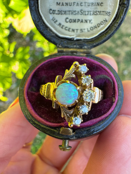 Victorian Style Opal Ring with Diamond Crescent
