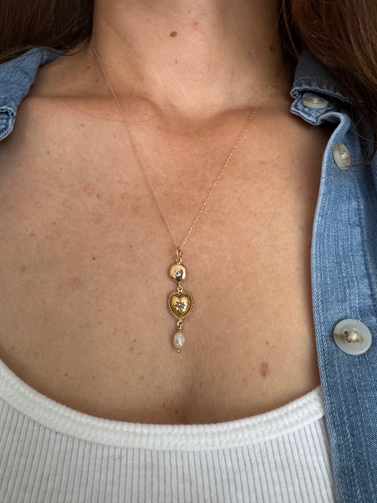 Gold, Diamond and Pearl Heart Drop Necklace - Made from 14k Gold Antique Components