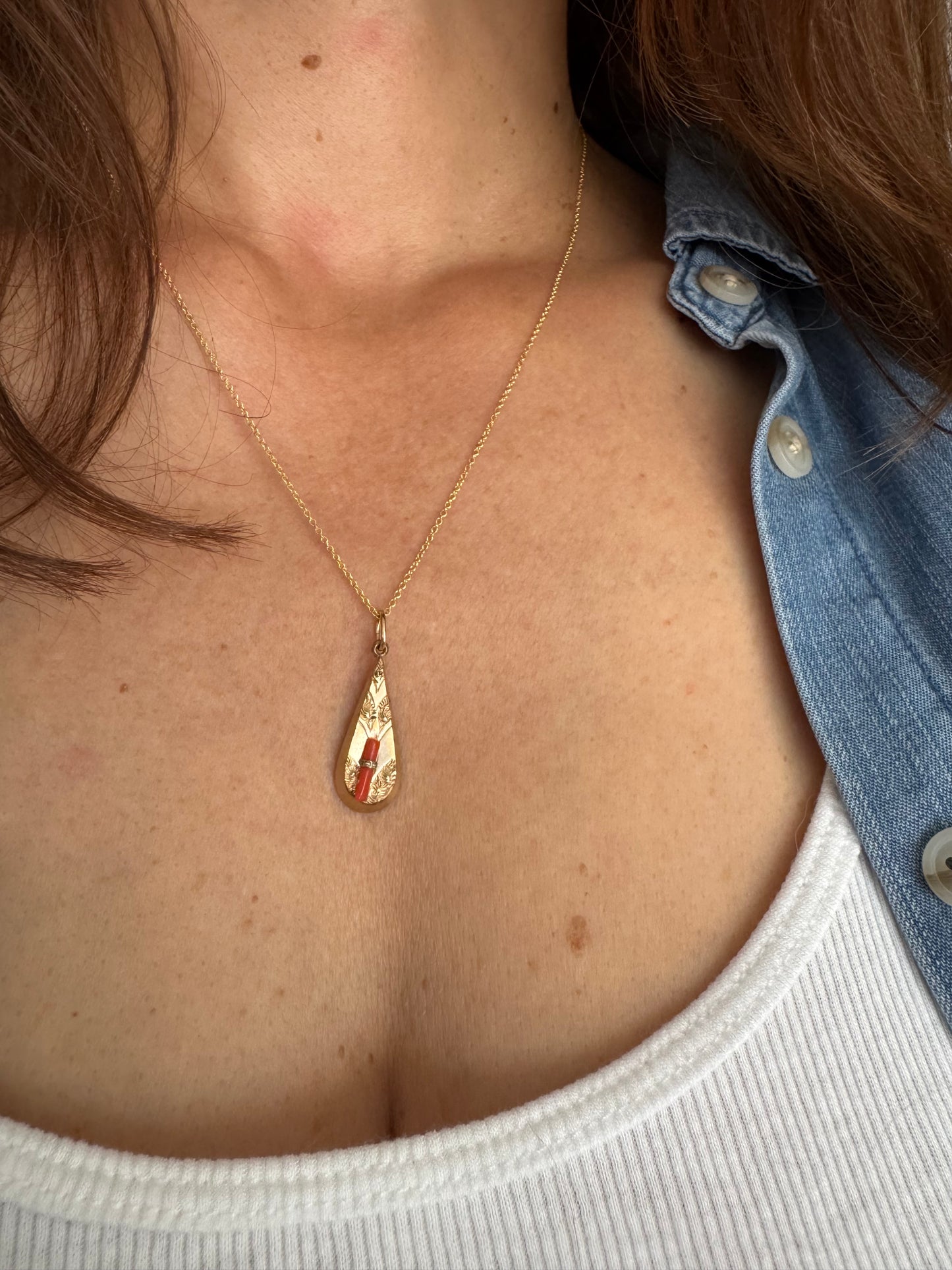 Victorian Teardrop Pendant with Coral - Gold Fill - Antique