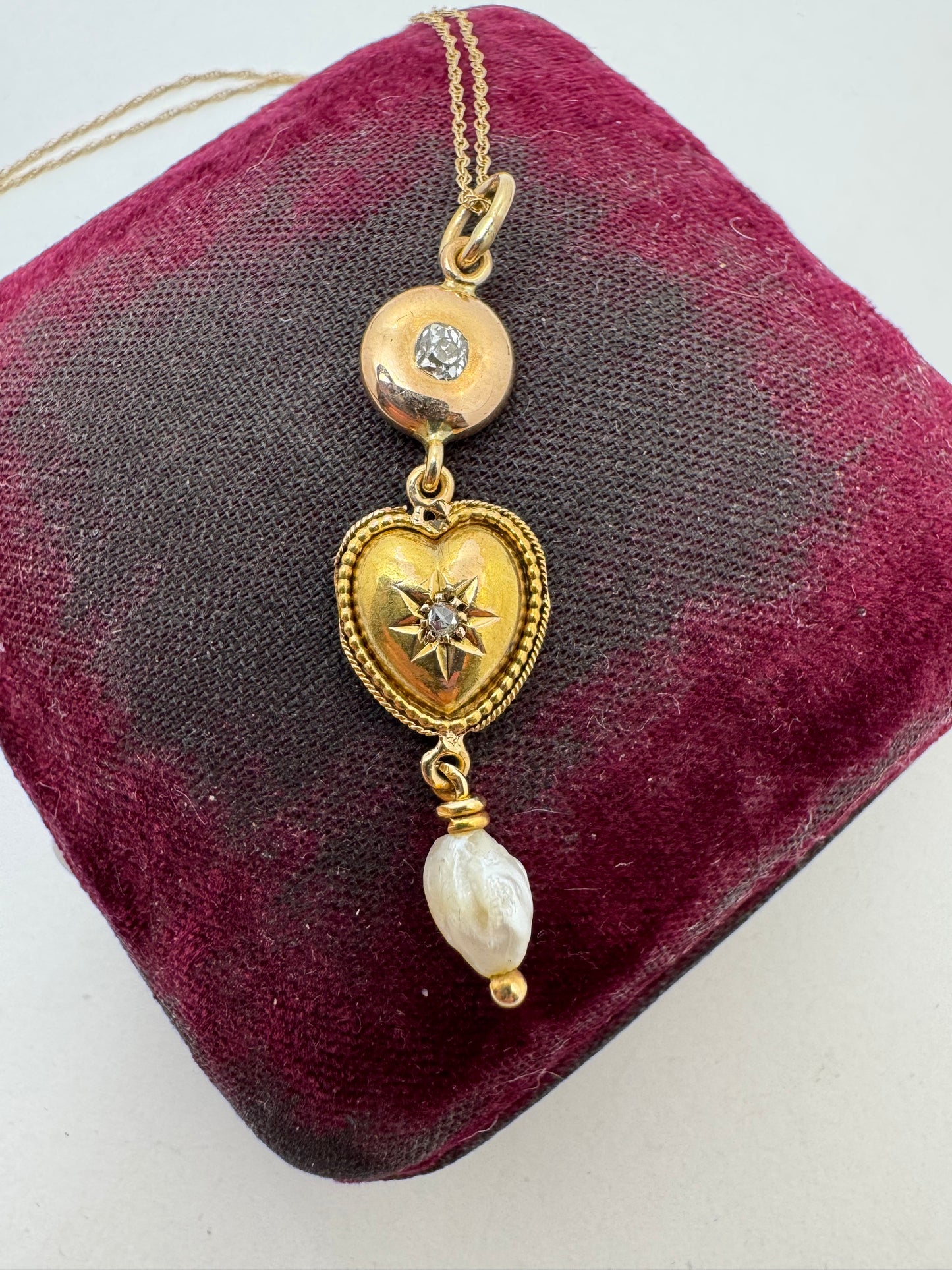 Gold, Diamond and Pearl Heart Drop Necklace - Made from 14k Gold Antique Components