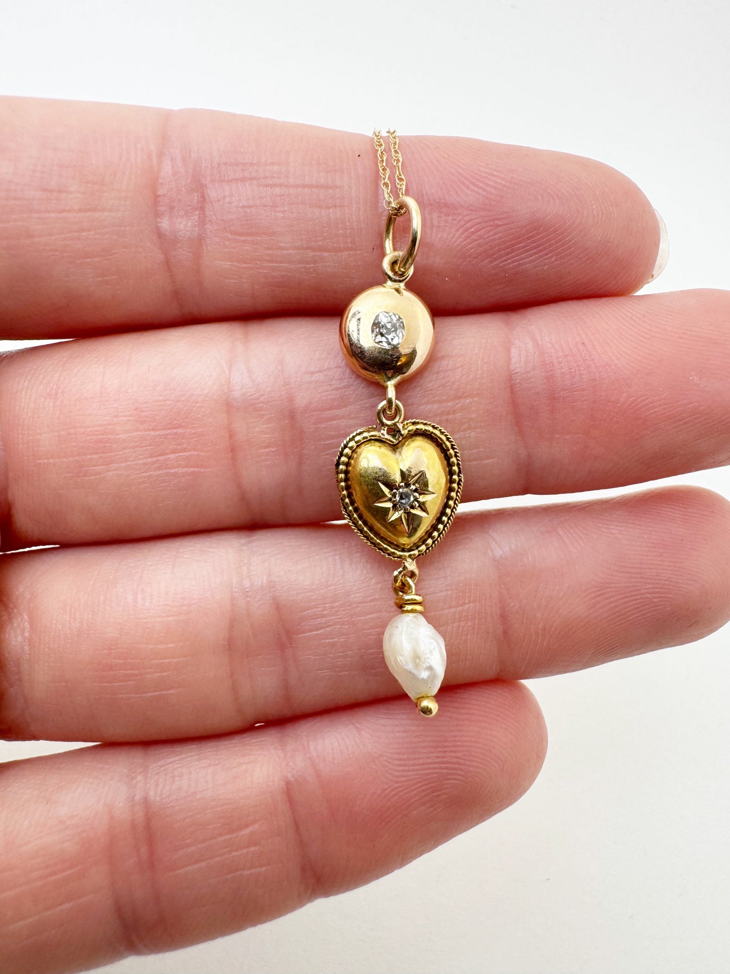 Gold, Diamond and Pearl Heart Drop Necklace - Made from 14k Gold Antique Components