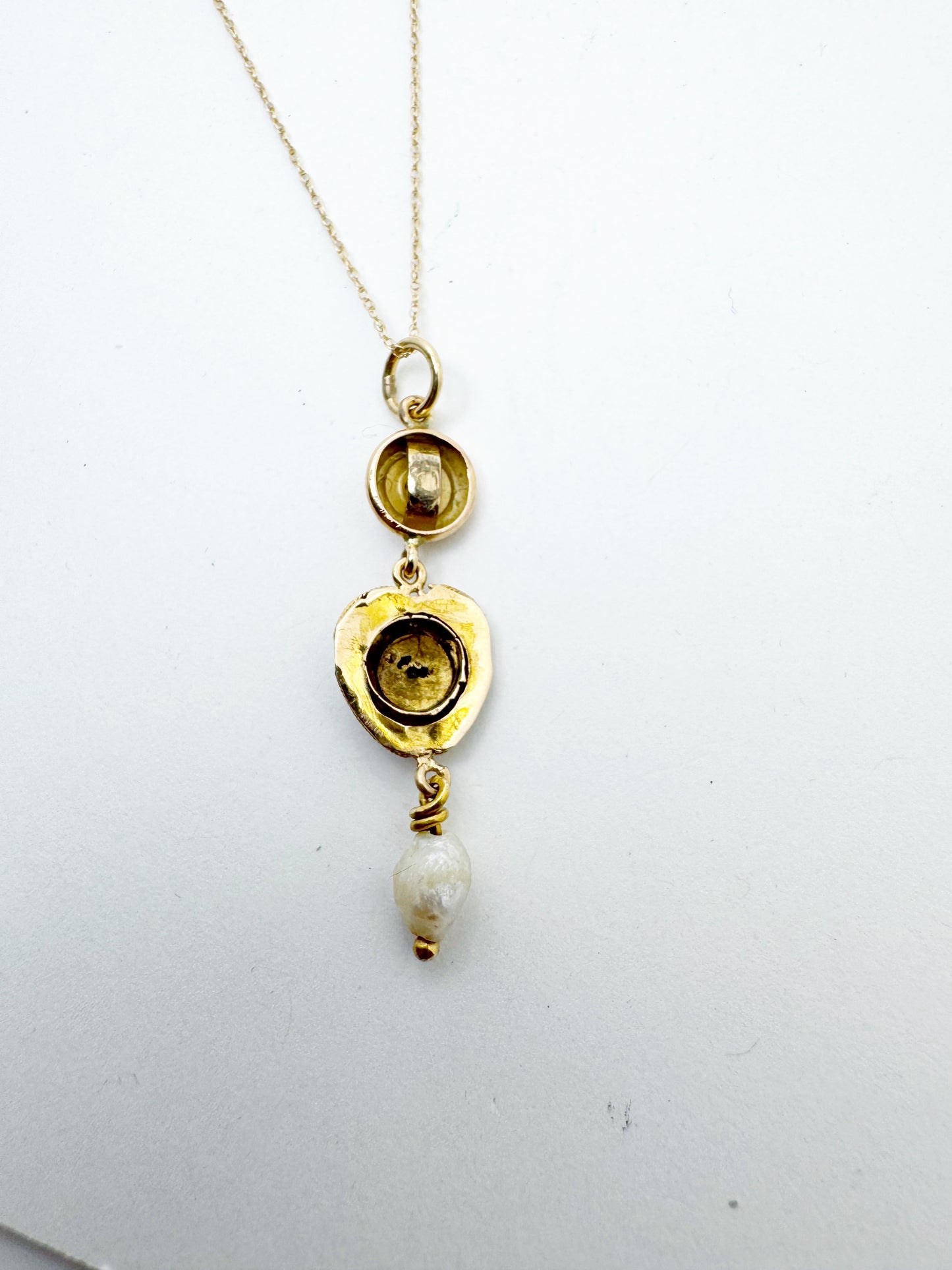 Gold, Diamond and Pearl Heart Drop Necklace - Made from 14k Gold Antique Components