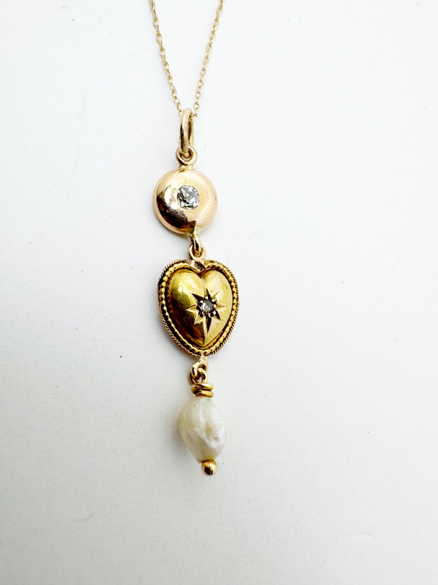Gold, Diamond and Pearl Heart Drop Necklace - Made from 14k Gold Antique Components