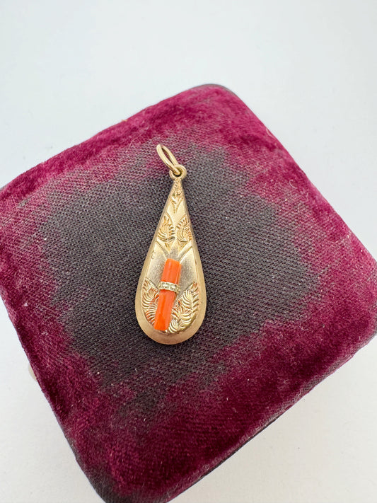 Victorian Teardrop Pendant with Coral - Gold Fill - Antique