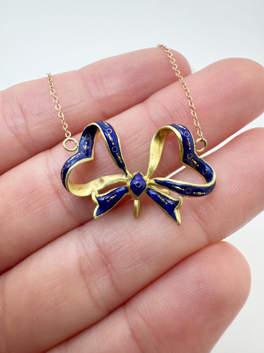 Blue Enamel Bow Necklace - Edwardian Era c1900's