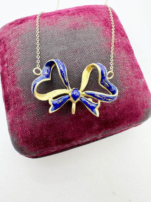 Blue Enamel Bow Necklace - Edwardian Era c1900's