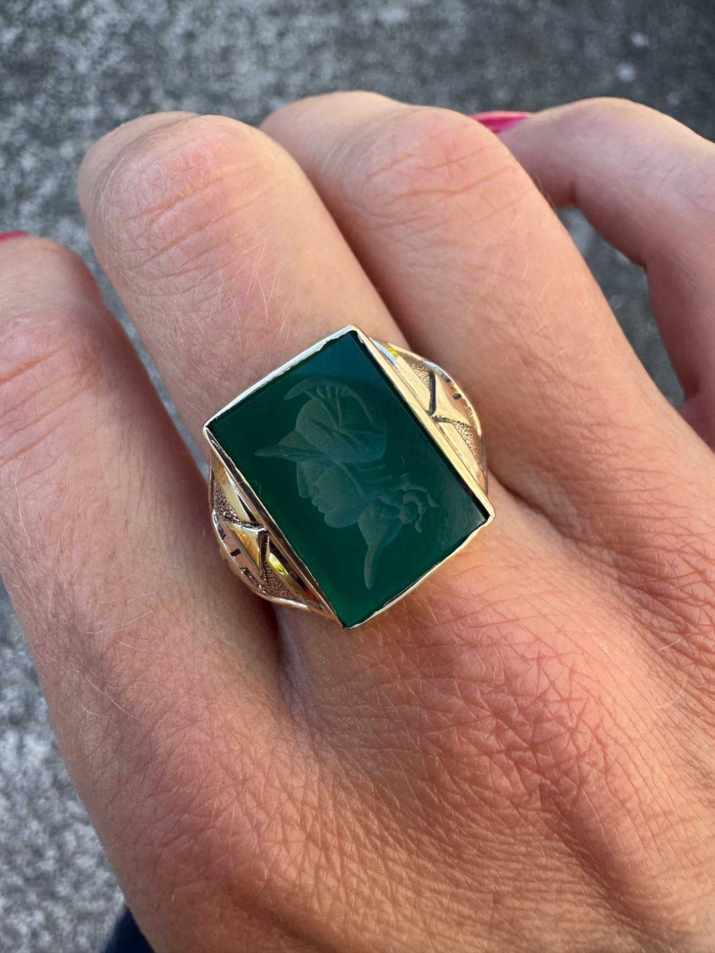 Mid-Century Greco-Roman Soldier Chrysoprase Intaglio Ring - Vintage - c.1940’s-1950’s