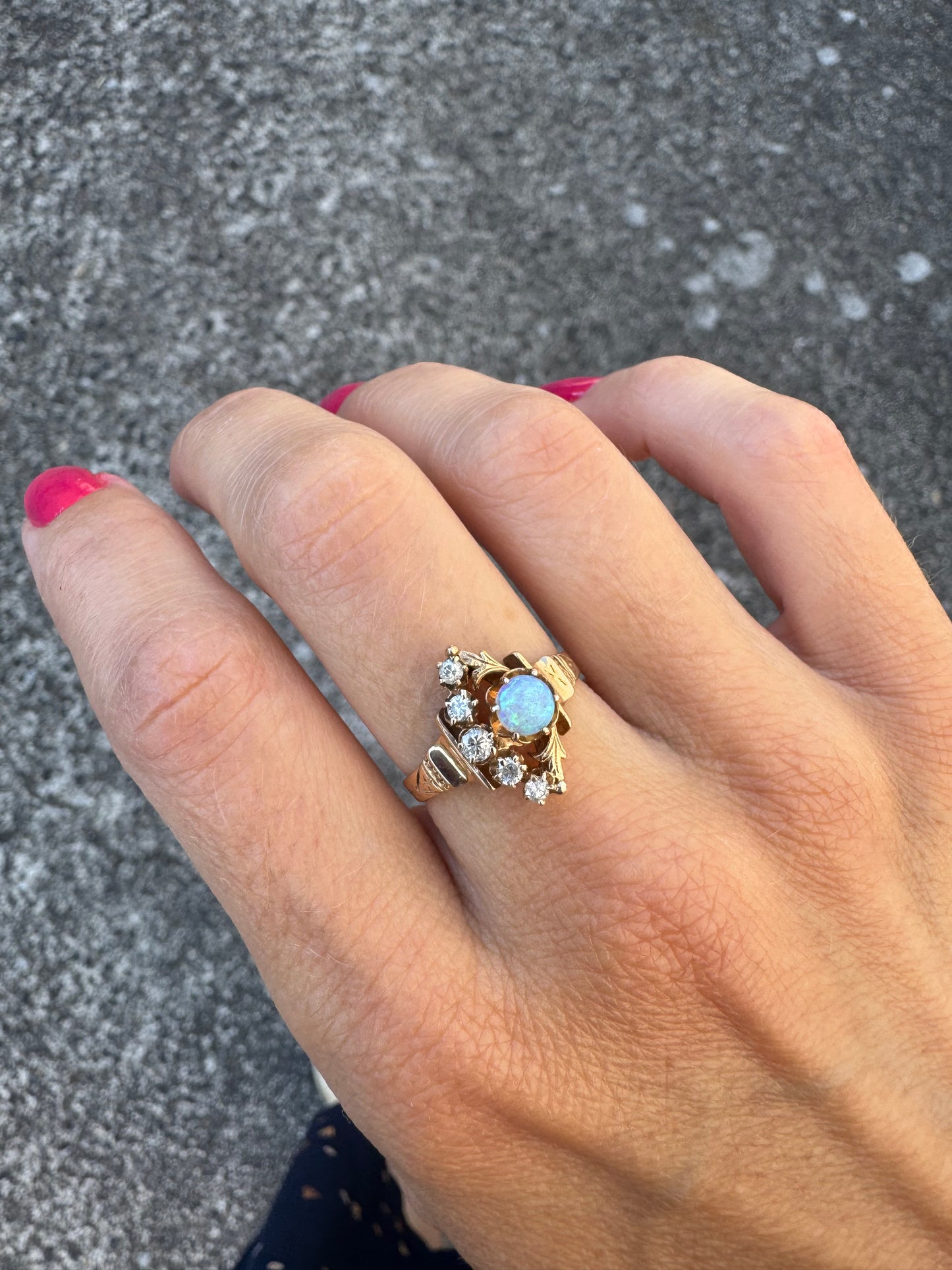 Victorian Style Opal Ring with Diamond Crescent