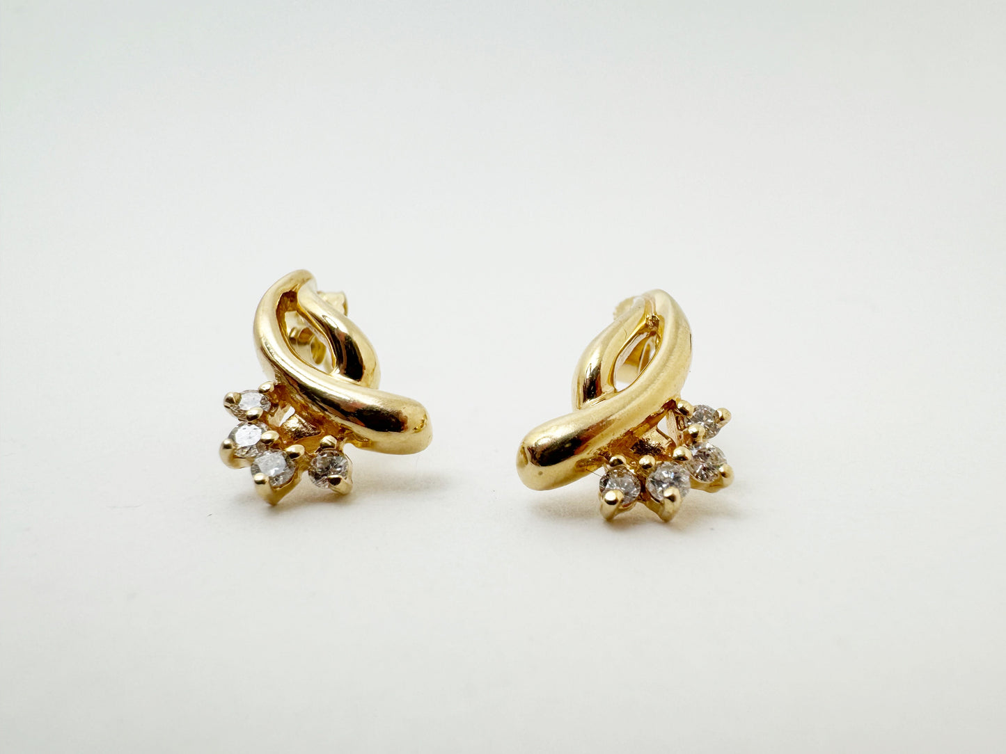 Swirling 14k Gold and Diamond Post Earrings