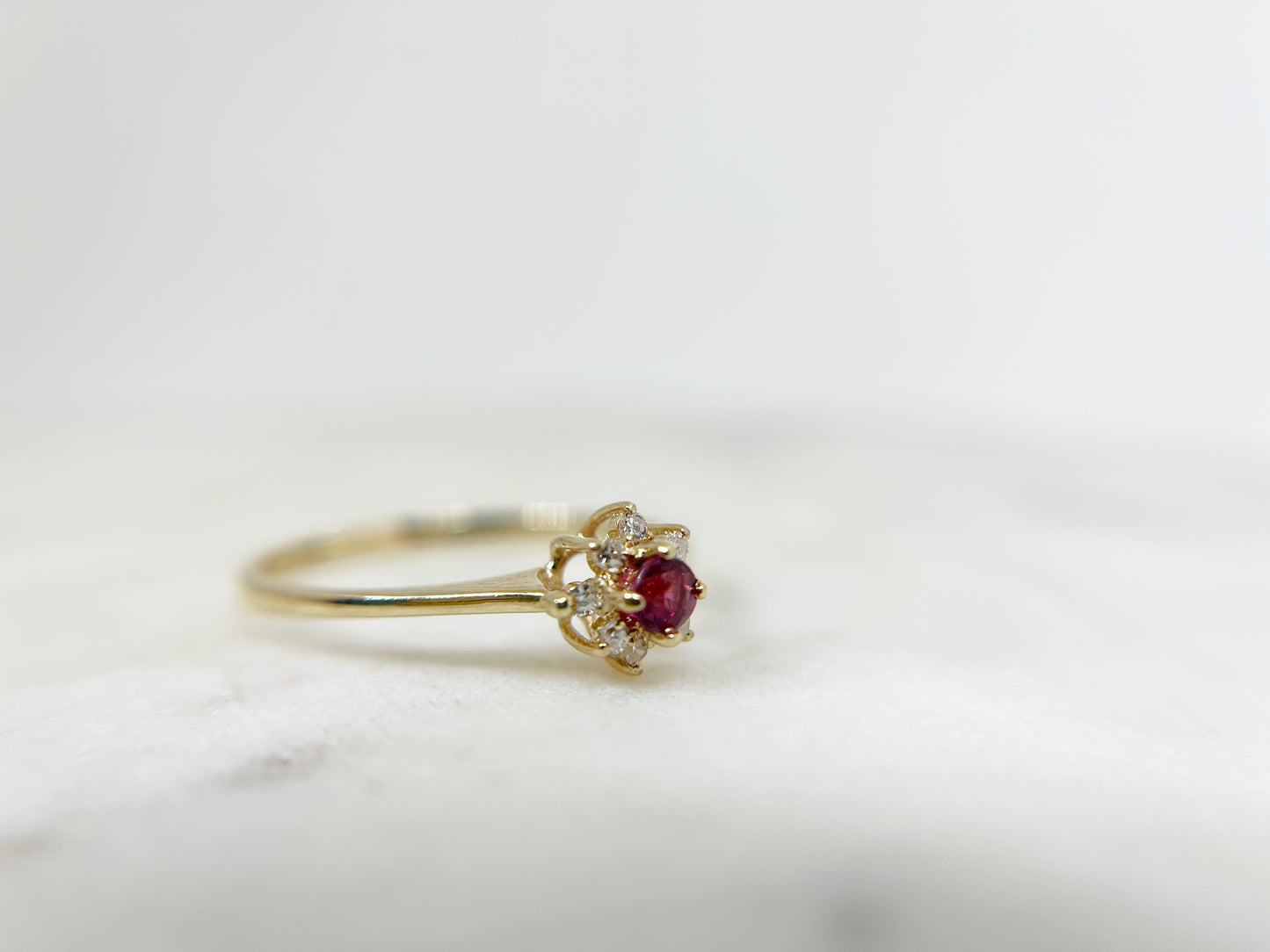 Dainty Ruby and Diamond Halo Flower Ring