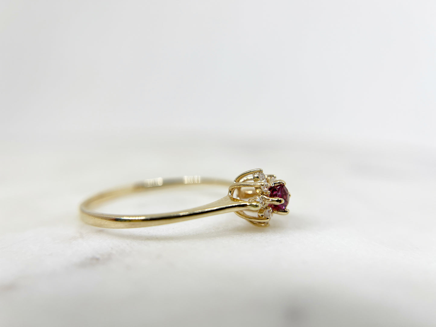 Dainty Ruby and Diamond Halo Flower Ring