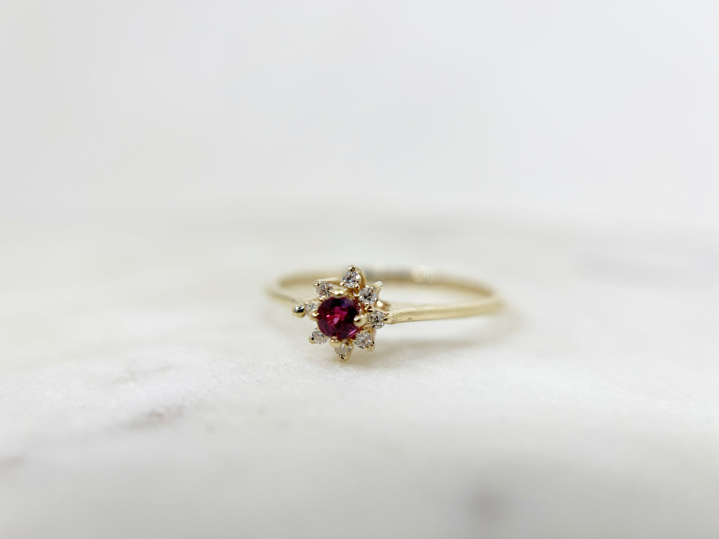 Dainty Ruby and Diamond Halo Flower Ring