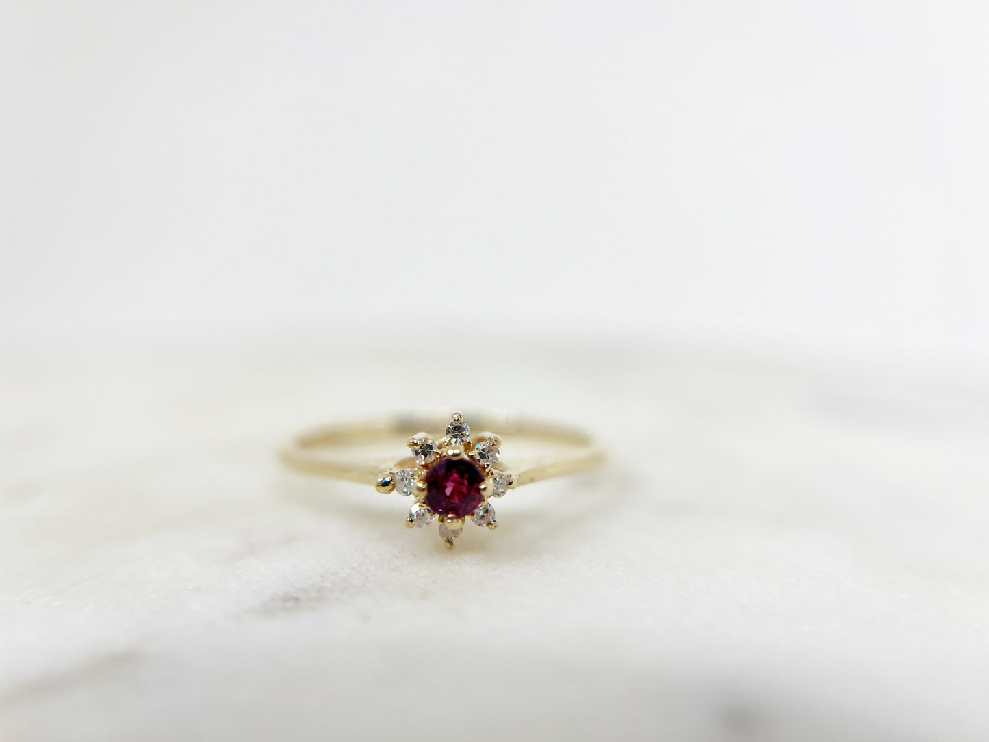 Dainty Ruby and Diamond Halo Flower Ring