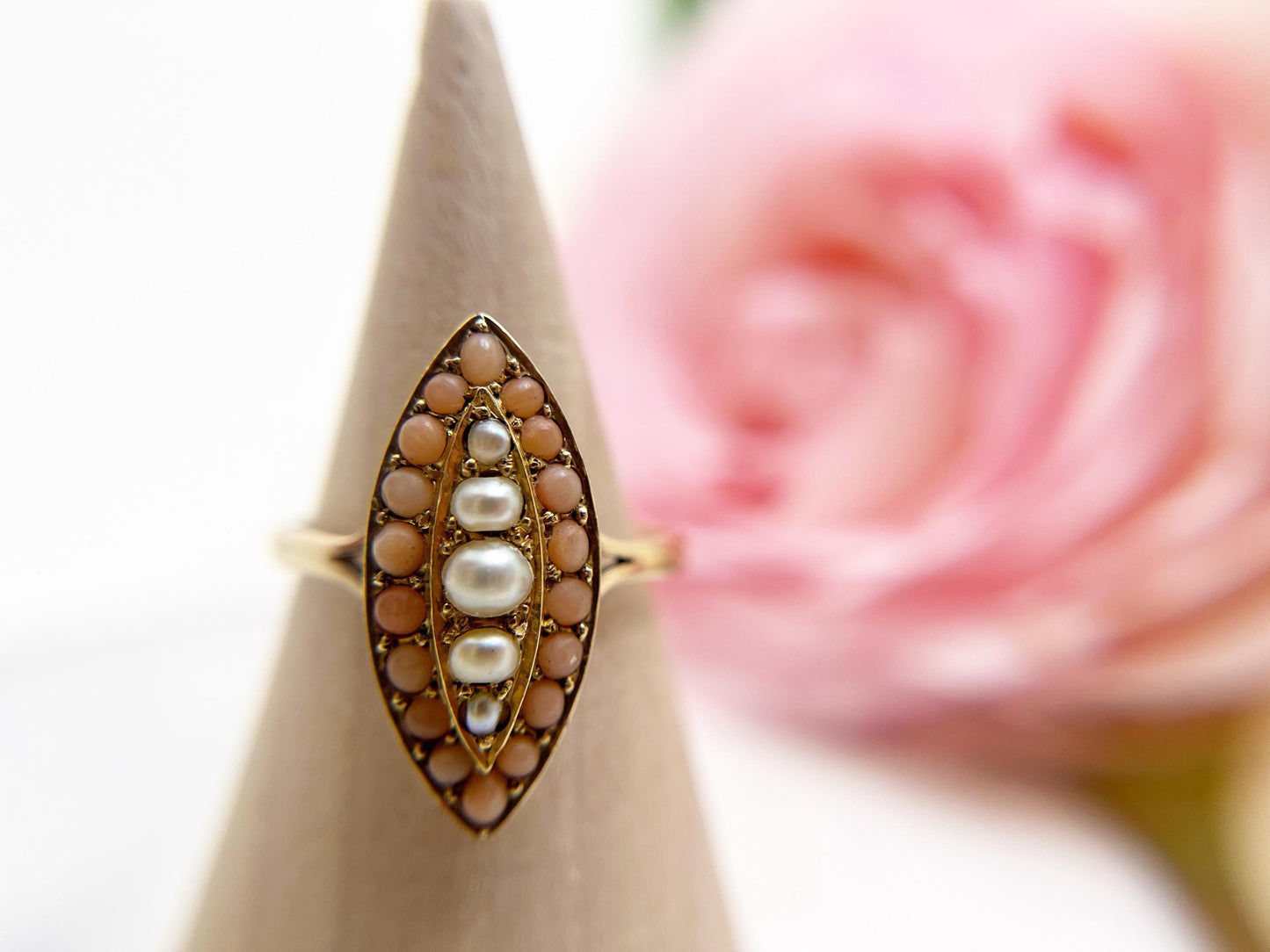 Victorian Coral and Seed Pearl Navette Ring