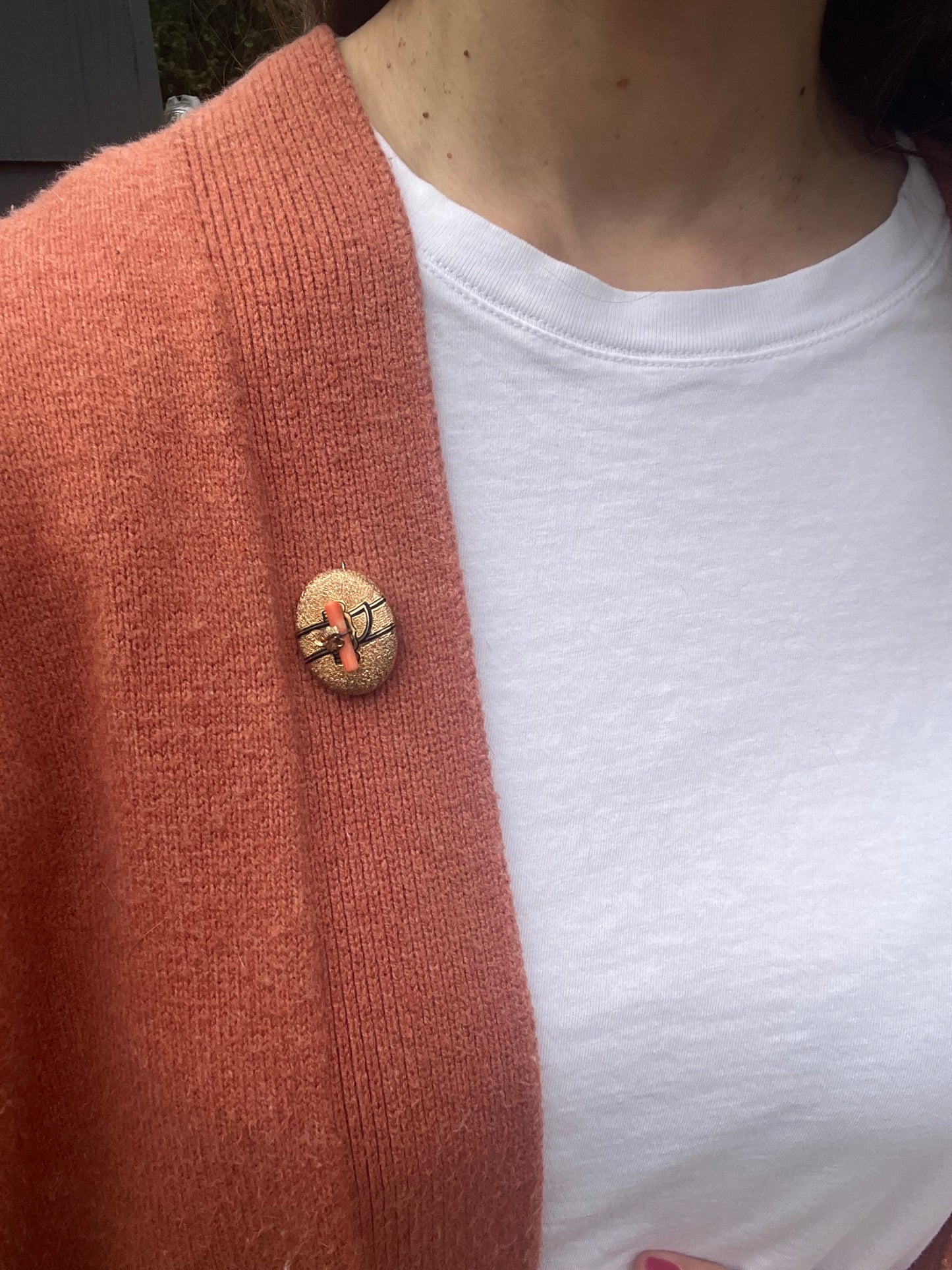 Victorian Taille d'Epargne Gold Fill and Black Enamel Buckle Brooch with Coral